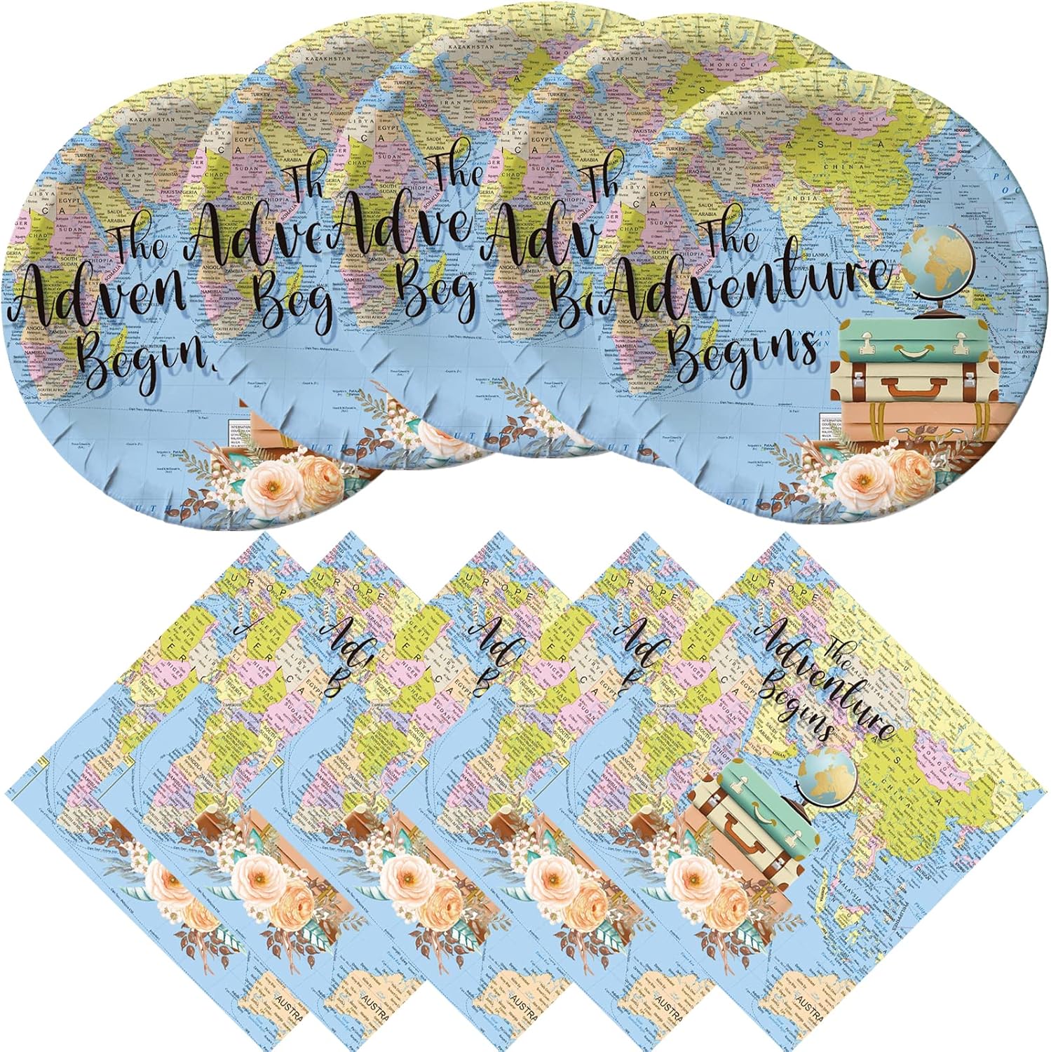 Adventure World Awaits Party Supplies, 20 Plates and 20 Napkins, The Adventure Begin Party Decorations Supplies Paper Plate Napkin for 20 Guests