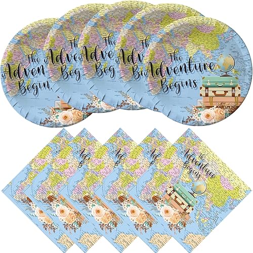 Adventure World Awaits - Suministros para fiestas, 20 platos y 20 servilletas, suministros de decoración de fiesta de The Adventure Begin,