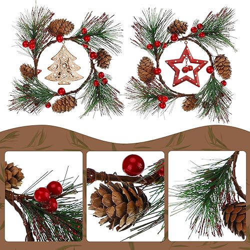 Miniatura 3 de 6 anillos de vela de Navidad, candelabros de Navidad, anillos de vela de bayas artificiales con conos de pino, coronas pequeñas para decoración