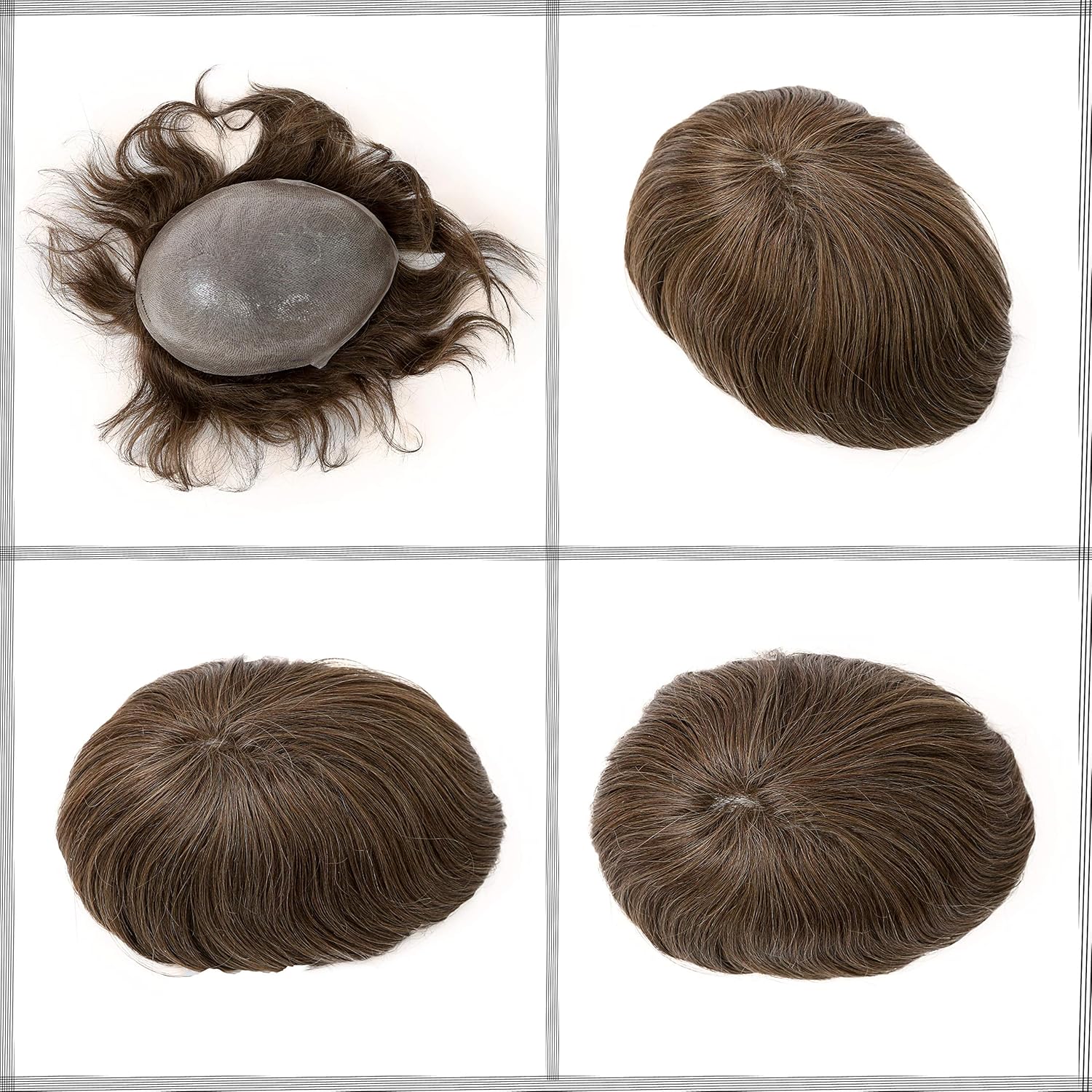 0.08mm Ultra Thin Skin Toupee for Men 100% European Virgin Real Human Hair Replacement Wigs 8x10 inch Hairpiece Natural Straight Free Style #7 Lightest Brown Color