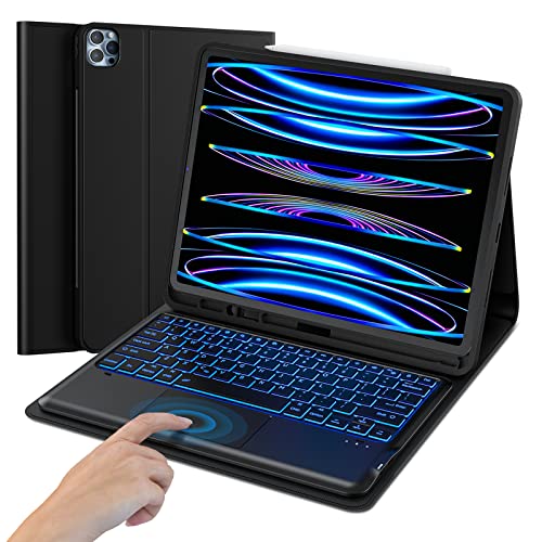 iPad Pro 12.9 Case with Keyboard - (6th Generation, 2022) MICROPACK Keyboard with Trackpad 7 Color Backlit, Detachable Wireless Keyboard Compatible for iPad Pro 12.9 5th Gen, 4th Gen, 3rd Gen, Black