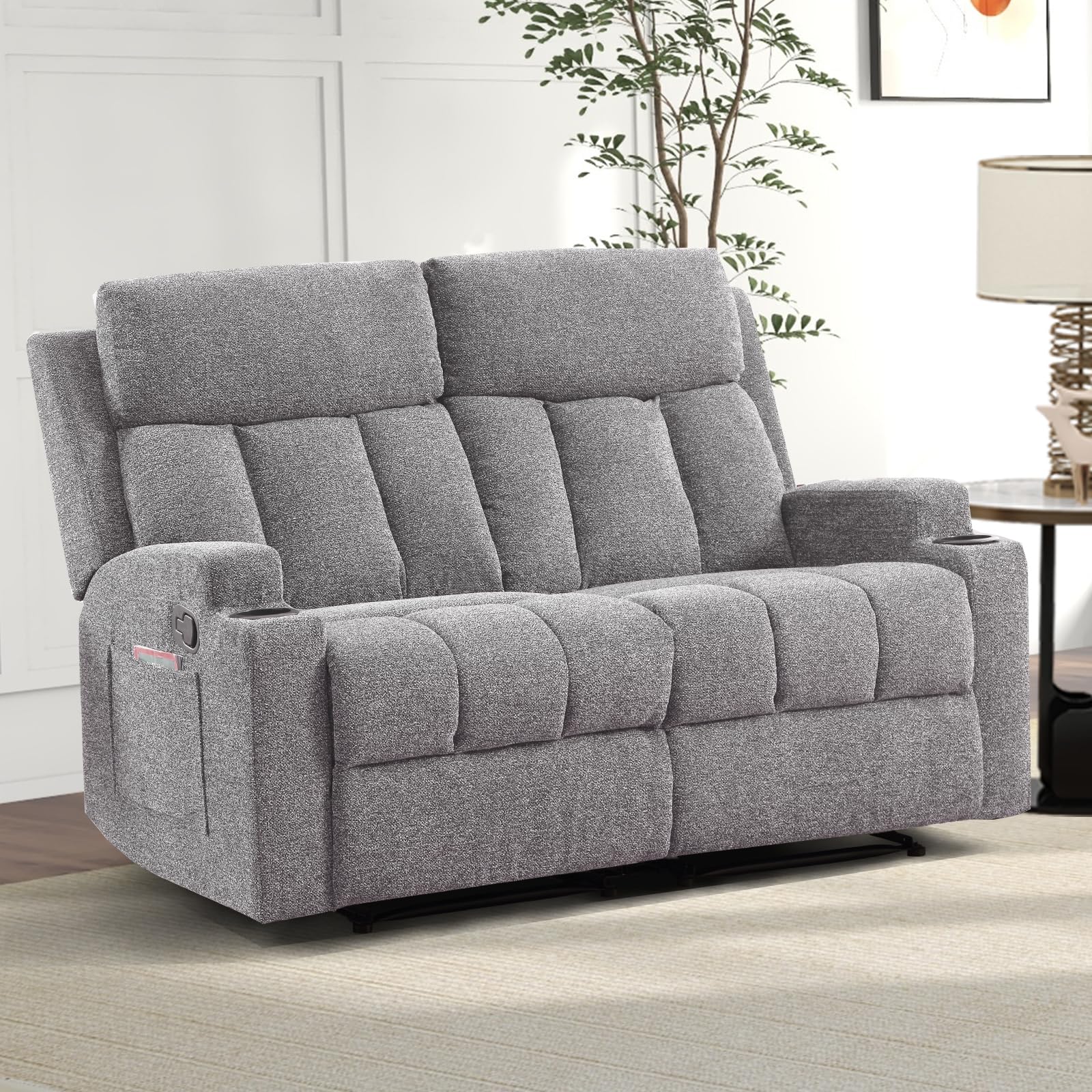 CANMOV Manual Fabric Reclining Loveseat with 2 Cup Holders, Double Recliners Sofa Couch with Armrest and Storage Pockets, Manual Recliner Loveseat for