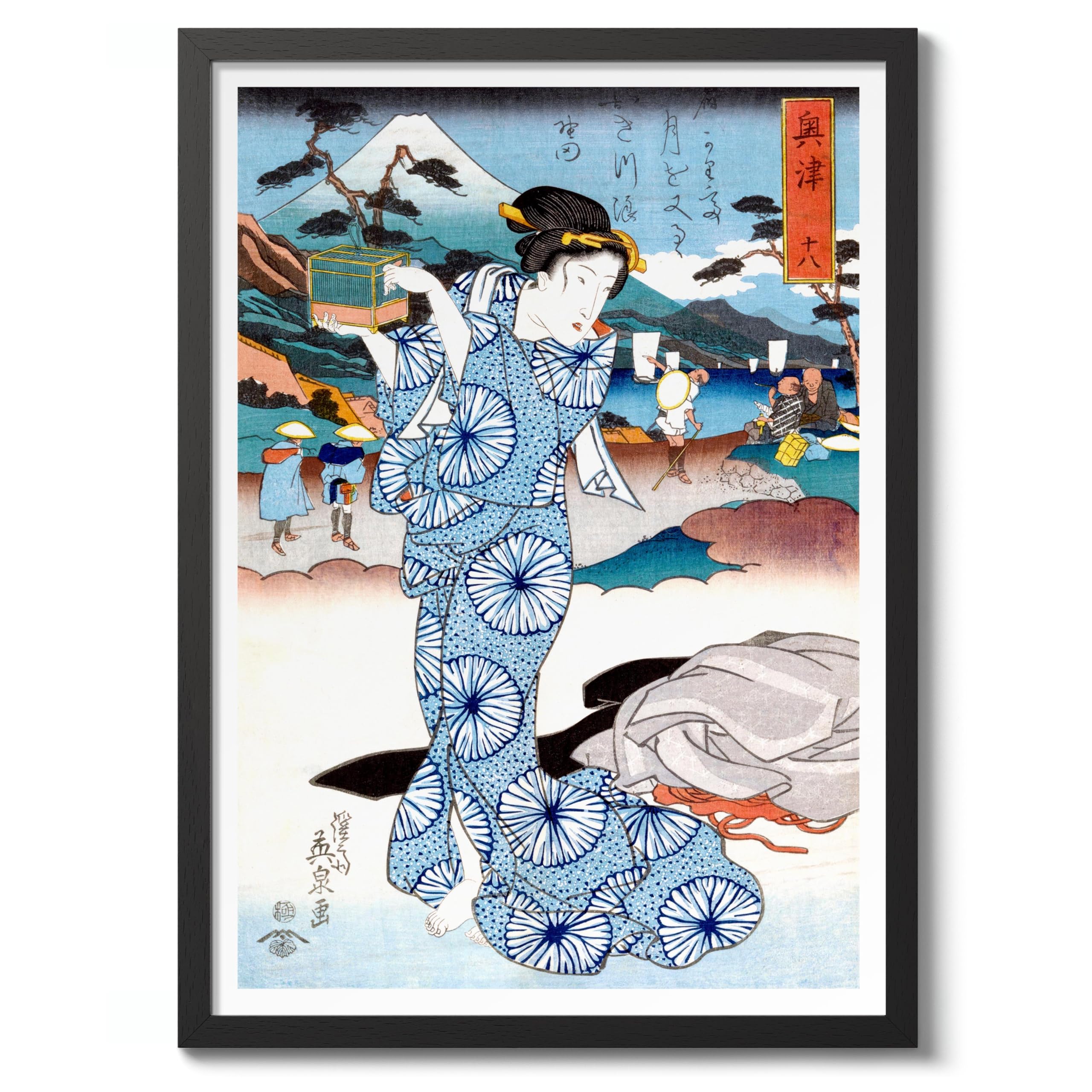 Japanese Woman Keisai Eisen Poster, Japanese Woodblock Ukiyo-E Print, Vintage Art Picture Painting Wall Art Exhibition, Archival Matte, A3 (Black Frame) - 42x29.7cm