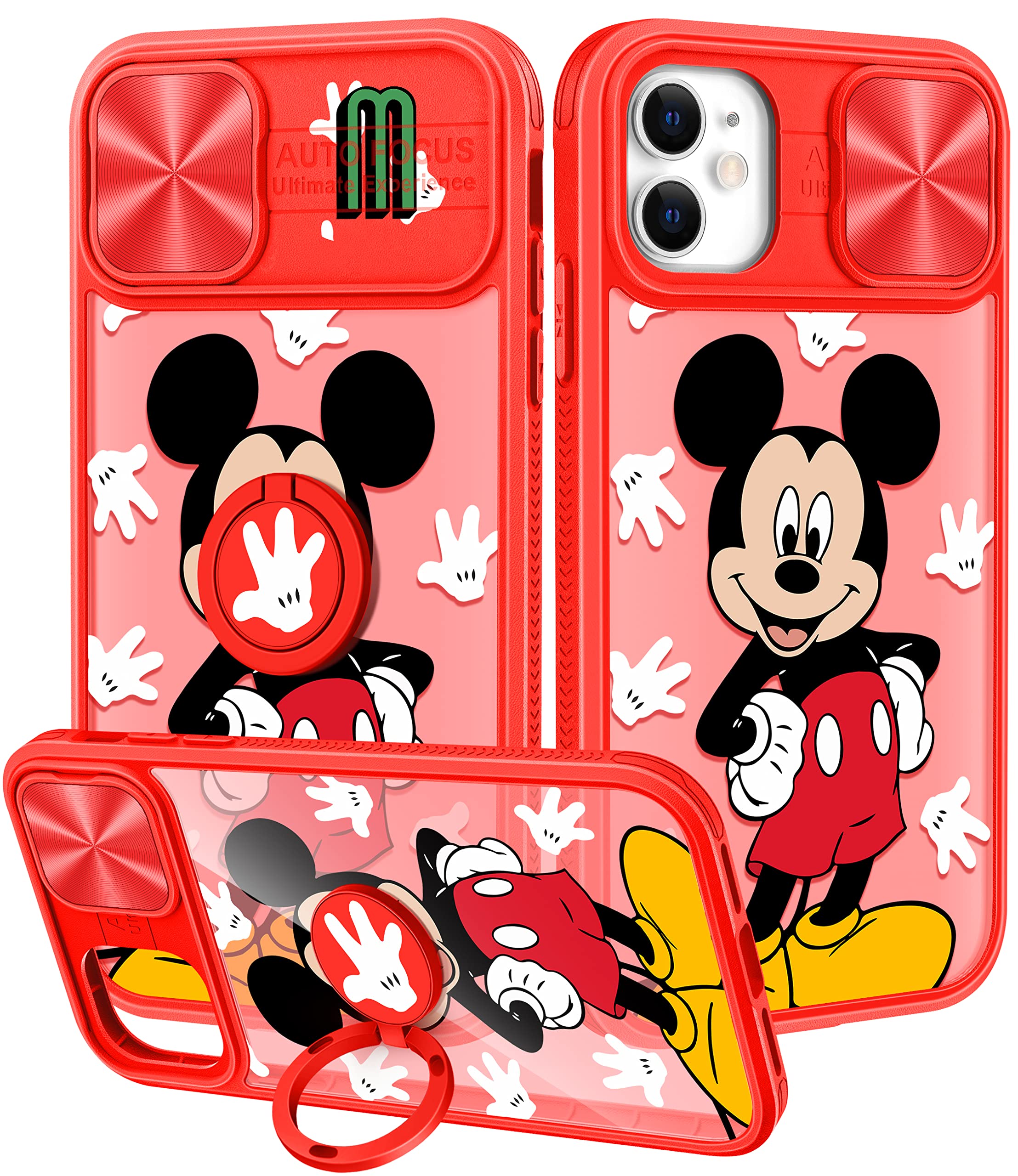 Joyleop(2in1 for iPhone 11 Case Cartoon Cute Mittens Miqi for Girls Pretty Women Teen Kids Girly Phone Covers Red Pattern Design with Slide Camera Cover+Ring Holder for Apple 11 6.1”