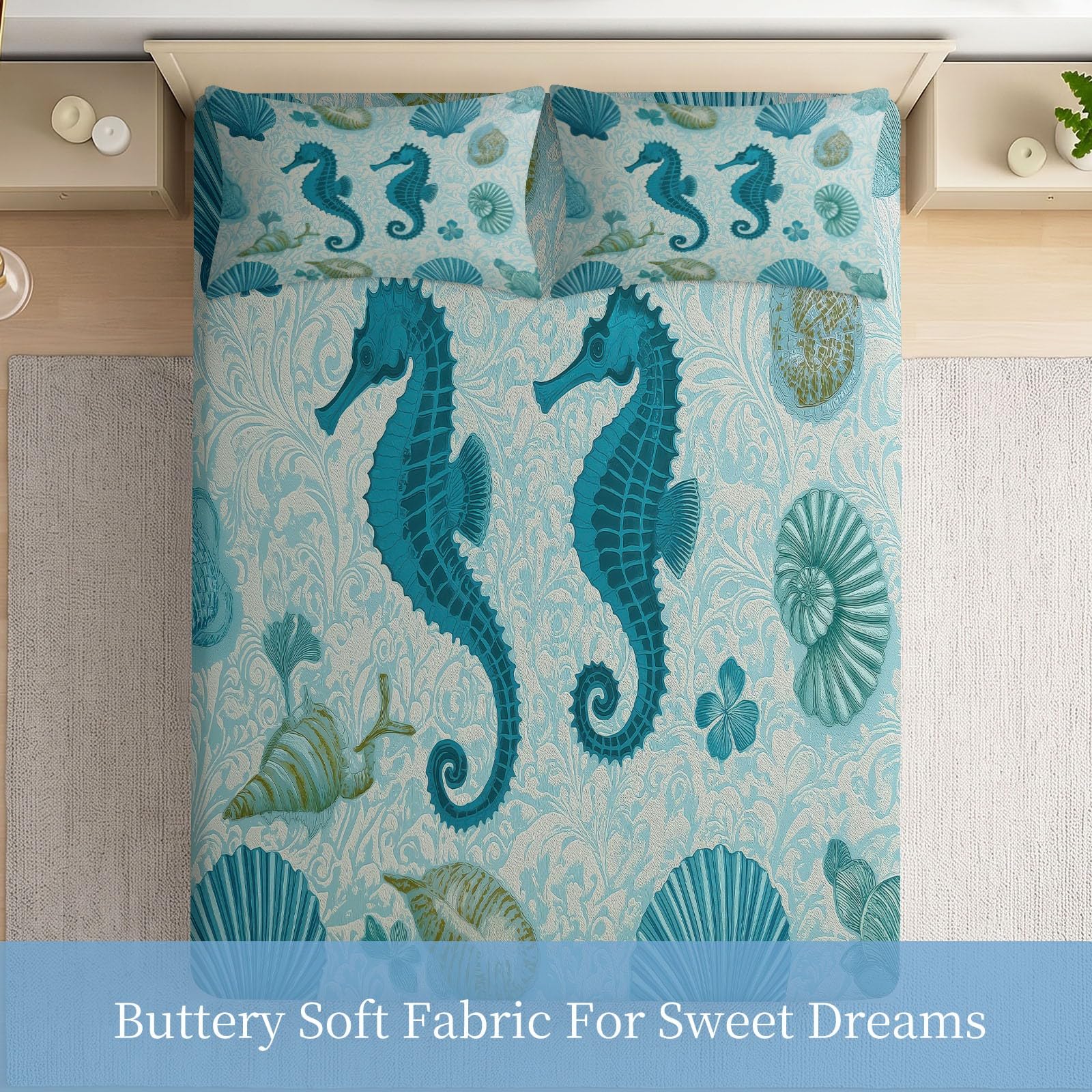 Spannbettlaken Meereslebewesen Bettlaken 160 x 200 cm Weiche Atmungsaktive - Seepferdchen Muschel Rankenmuster Spannbetttuch für Boxspringbett & Wasserbett Schlafzimmer Dekor, Steghöhe 30 cm