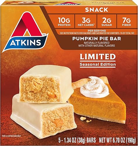 Atkins Barra de bocadillos de pastel de calabaza, 0.35 onzas de proteína, 0.11 onzas de carbohidratos netos, 0.07 onzas de azúcar, alto en fibra, 5 disponible en Yaxa El Salvador