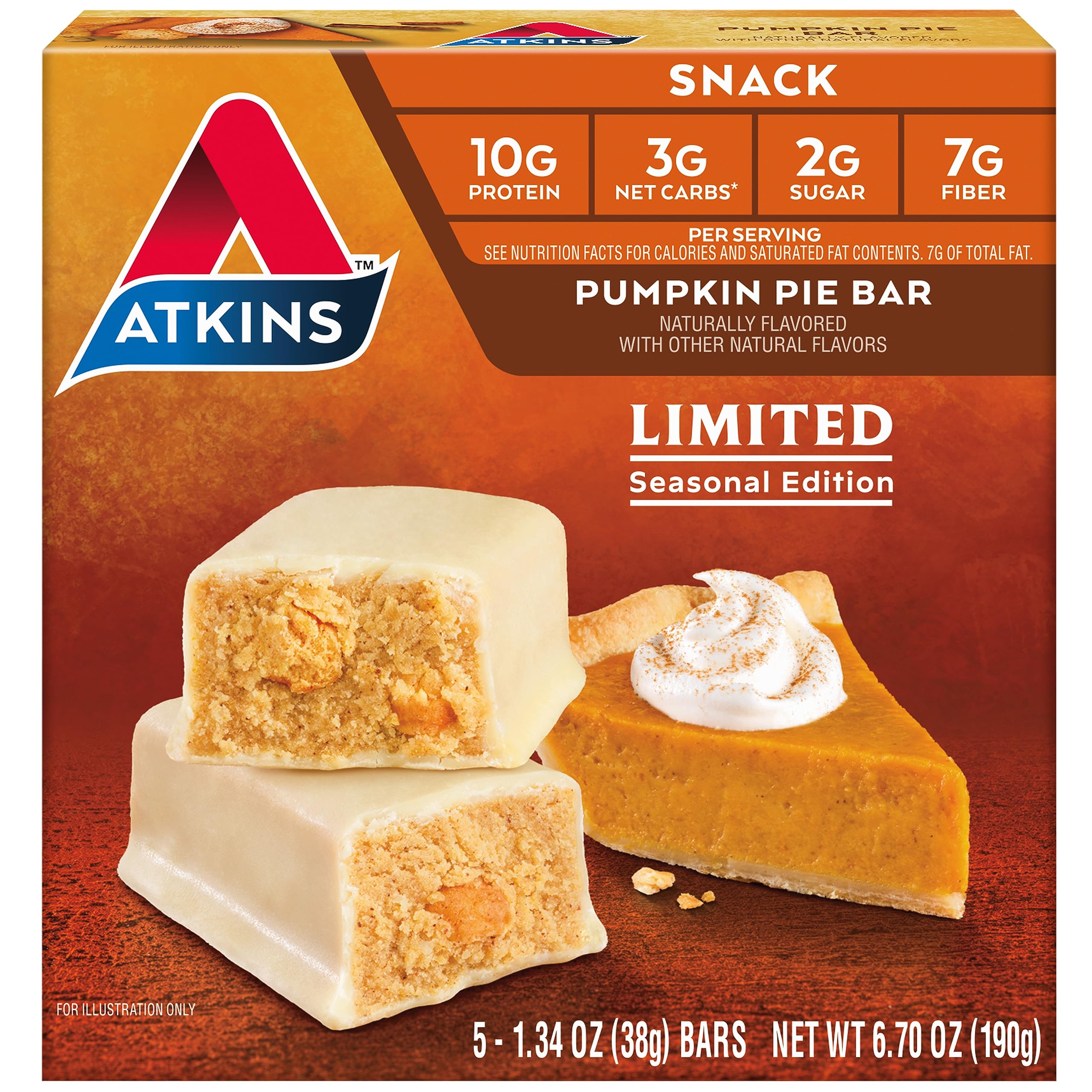 Atkins Pumpkin Pie Snack Bar, 10g Protein, 3g Net Carbs, 2g Sugar, High Fiber, 5 Count