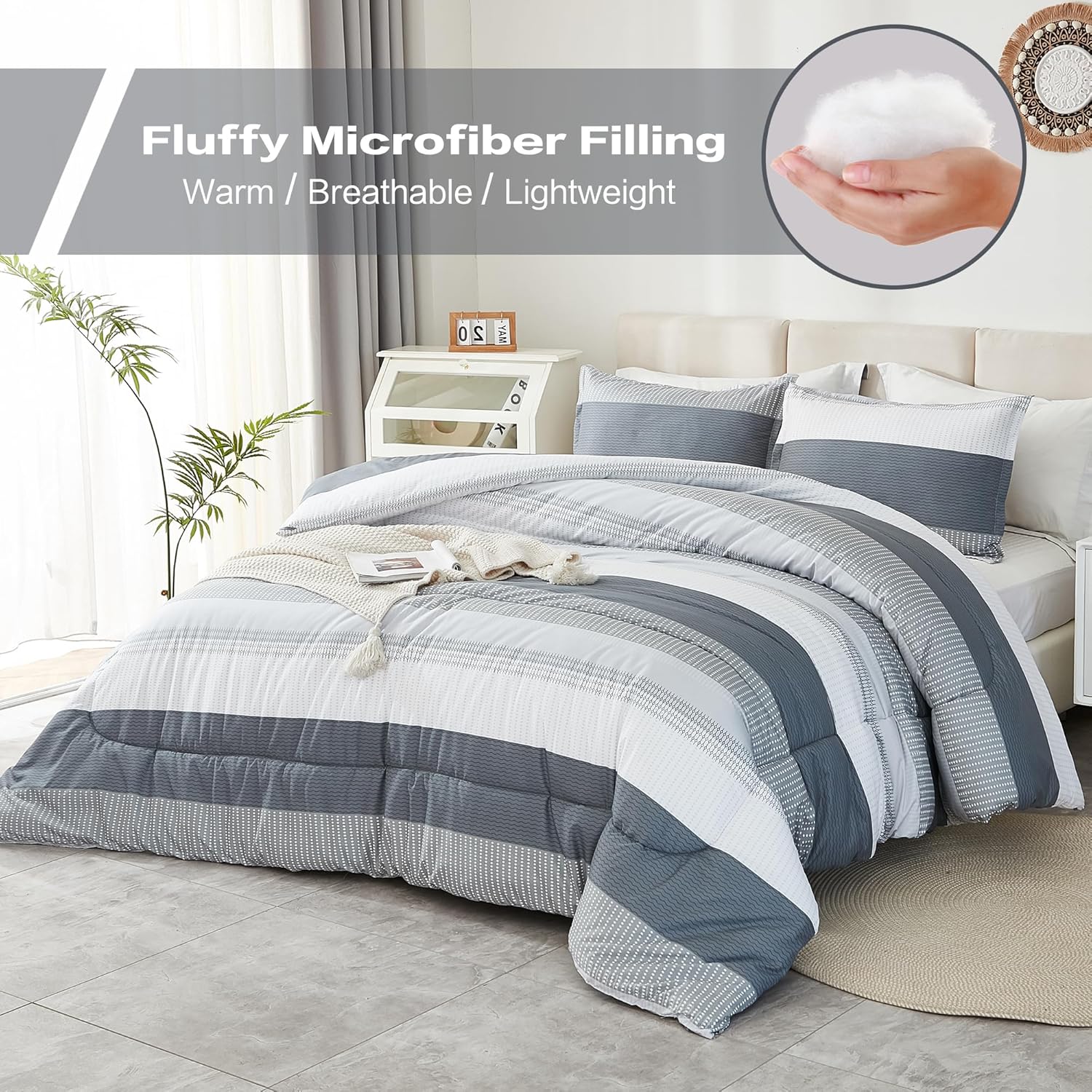 Litanika Comforter King Size Bed Set Light Grey - 3 Pieces Lightweight Bedding Comforter Sets Gray White Colorblock Stripe Fluffy All Season Bed Set - Image 5