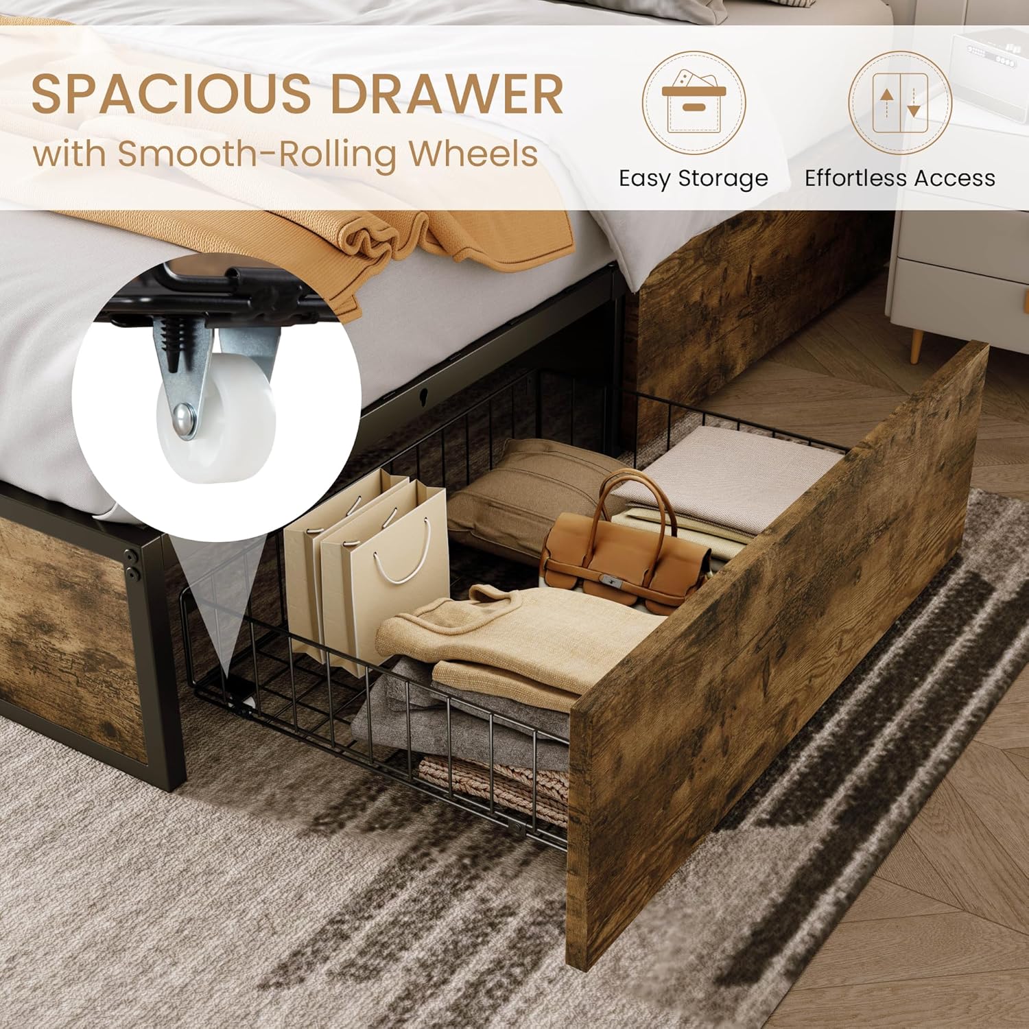 SHA CERLIN Queen Platform Bed Frame with 2 Large Storage Drawers, Rustic Wood and Metal, Noise-Free, Easy Assembly, No Box Spring Needed, Brown