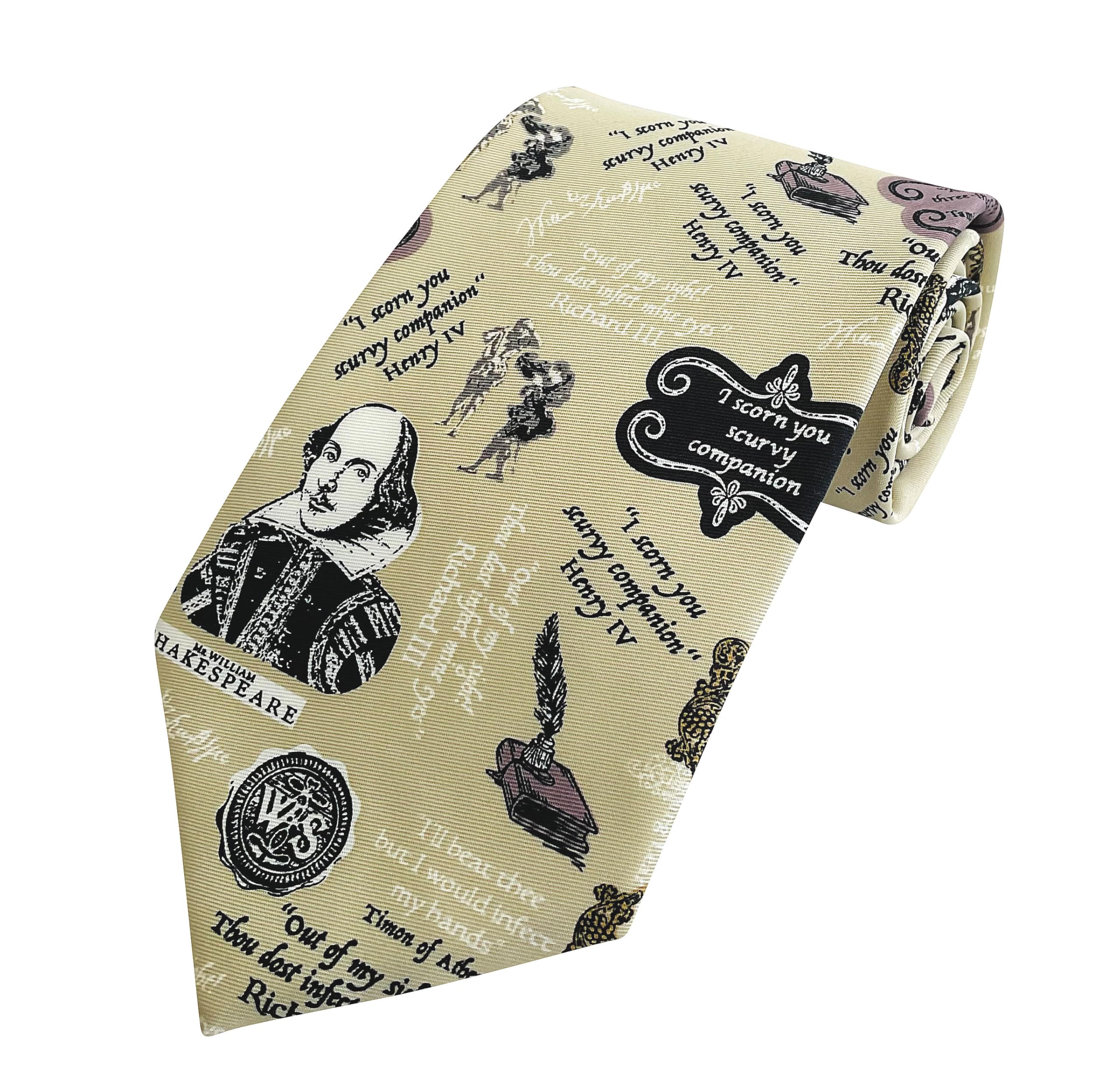 The Tie Studio Men's Beige Shakespeare Insults Novelty Tie - Literary Quotes & Character Design (Beige)