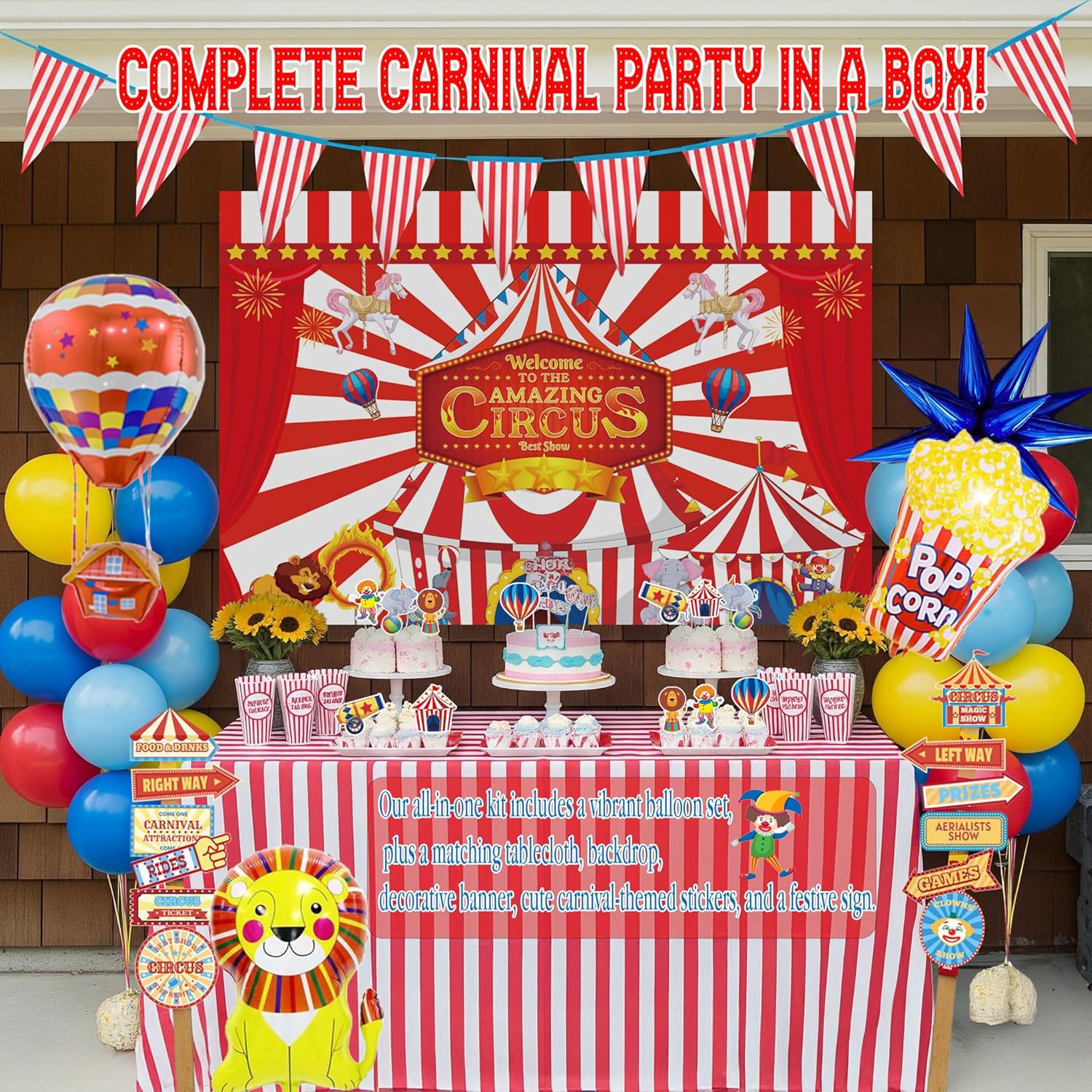 Carnival Circus Theme birthday party decorations & include red blue yellow balloon & foil hot air popcorn balloons & striped banner tablecloth & Backdrop carnival road sign paper card Signboard decor
