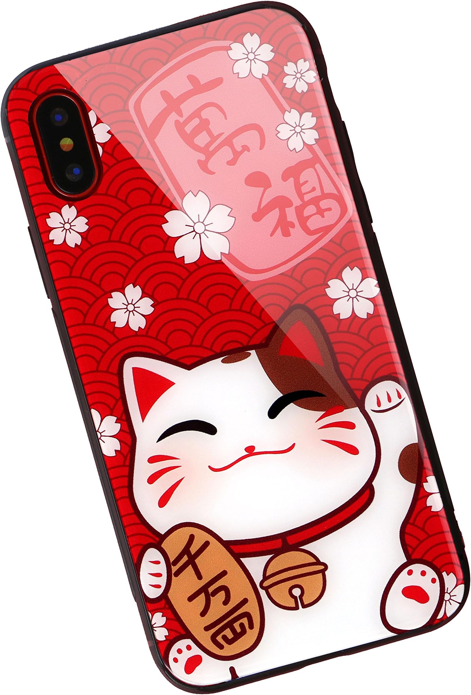 Luxury Fortune Cat Case for iPhone, AiChose Kitty Asian New Year Style Bumper for Your Phone,Tempered Glass Back Cover with Soft TPU Bumper Frame Shock Absorption Strong Protection
