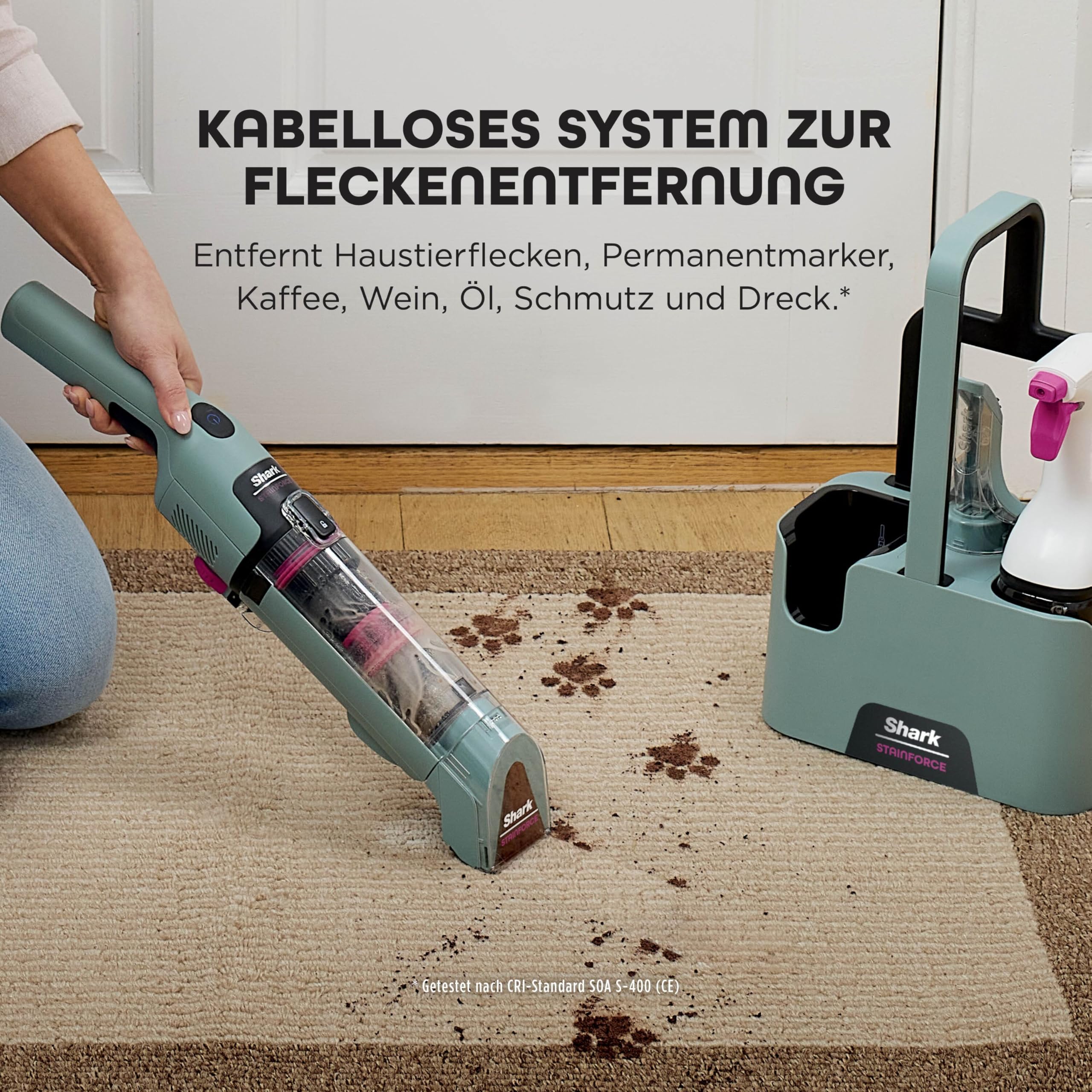 Shark StainForce kabelloser Fleckenentferner, tragbarer Flecken-, und Geruchsentferner für Teppichböden, Teppiche, Polstermöbel und mehr, mit Aufbewahrungsbox, Zubehör und 2 x Reiniger, HX100EUCP