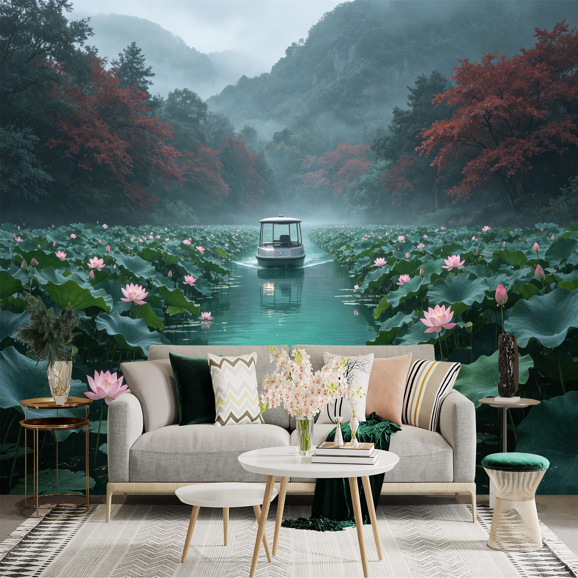 Custom Size Wall Sticker Mural， Scenic Lotus Pond， Misty Mountains， Tranquil River Boat， Swimming Ducks， for wall Decoration， peelandstick wall Decals.