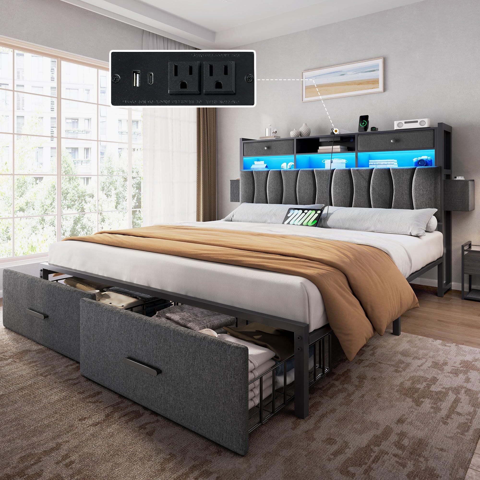 YITAHOME Full Size with 2 Storage Drawers and Charging Station, Linen Upholstered Platform Bed with Storage Headboard and LED Light, Heavy Duty Metal Support, No Box Spring Needed, Noise Free, Grey