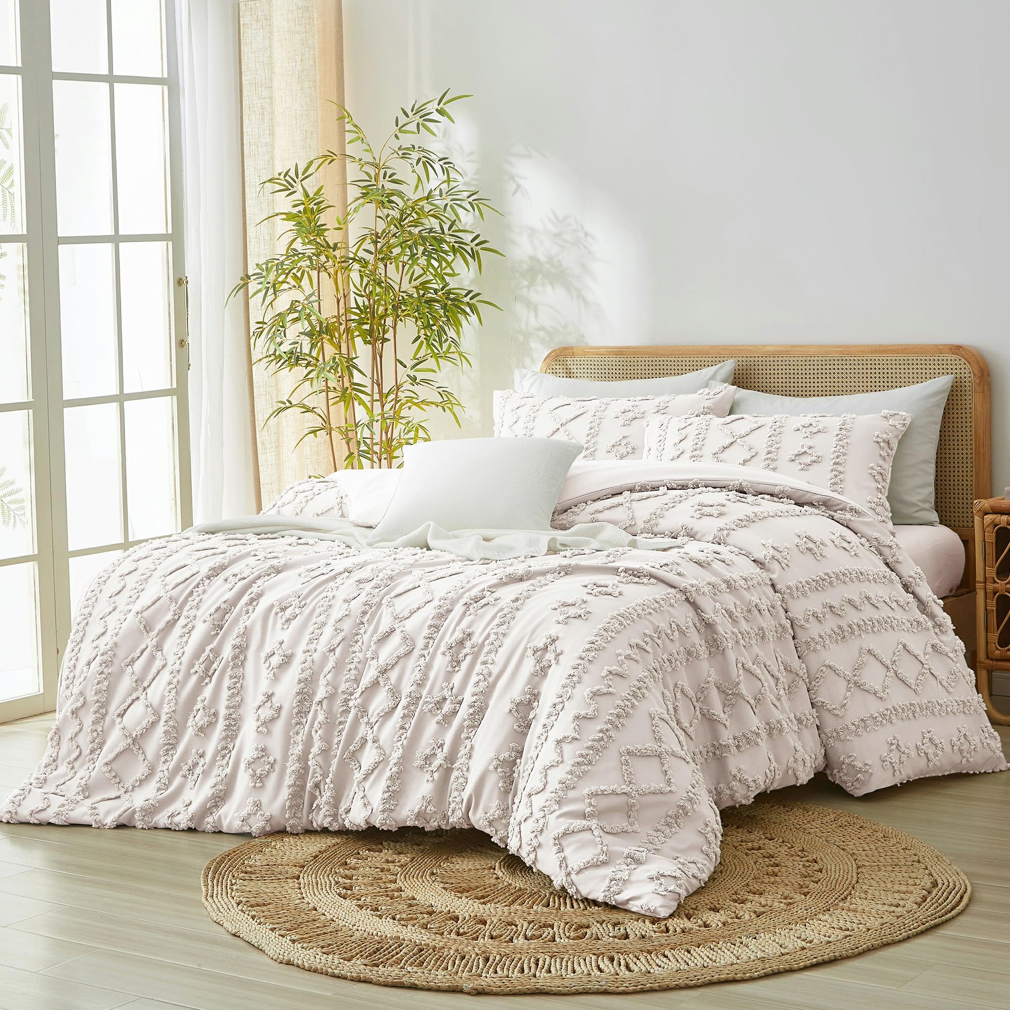 Luofanfei Housse de Couette 240 x 260 Beige Bohème Rayée Geometrique Parure de Lit Adulte 2 Personnes avec Fermeture Éclair Parure Housse Couette Boheme Style avec 2 Taie d'oreiller 65x65 cm