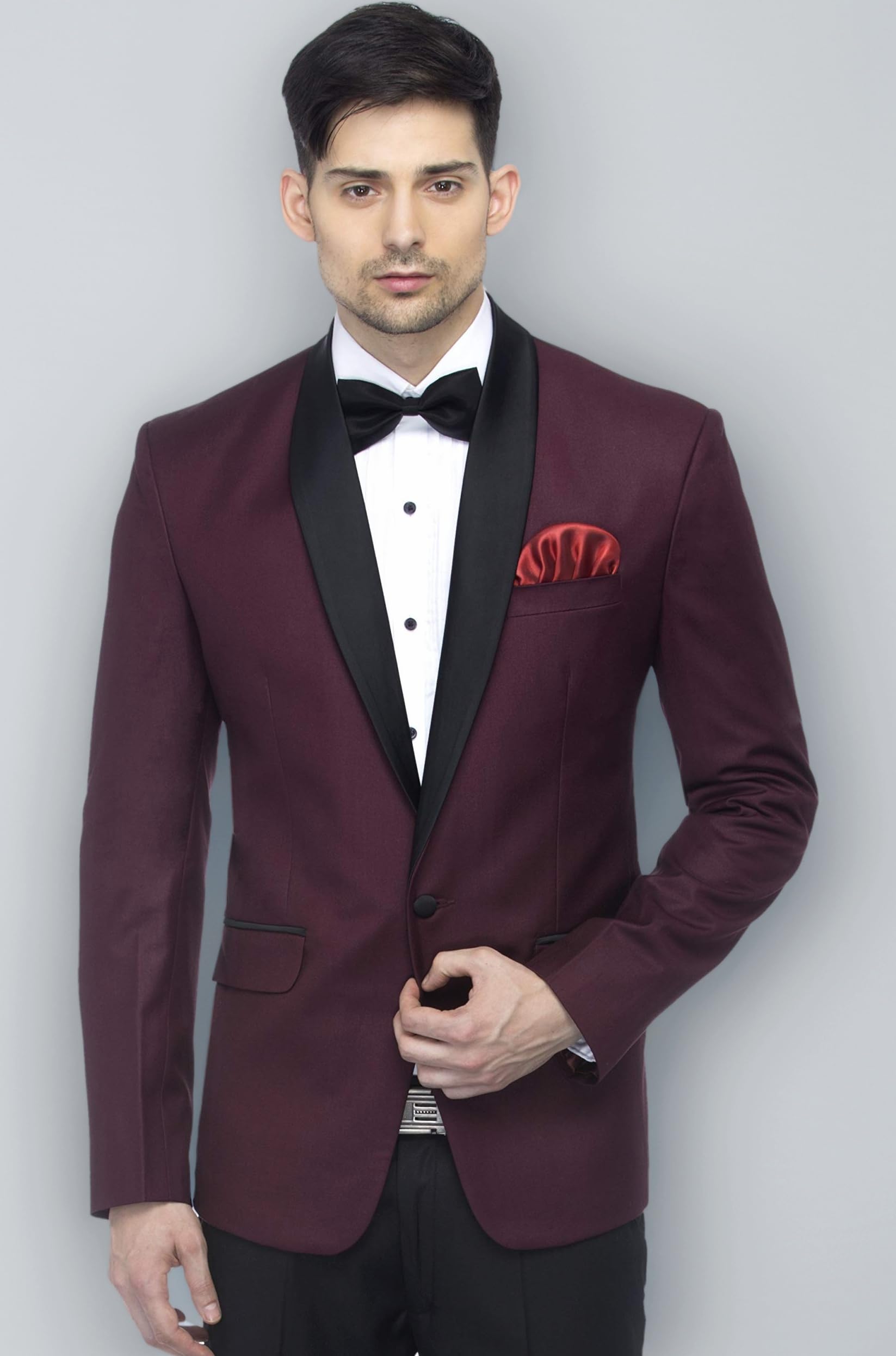 Designer Men's Slim Italian Fit Shawl Collar Tuxedo Suit Blazer, Wine
