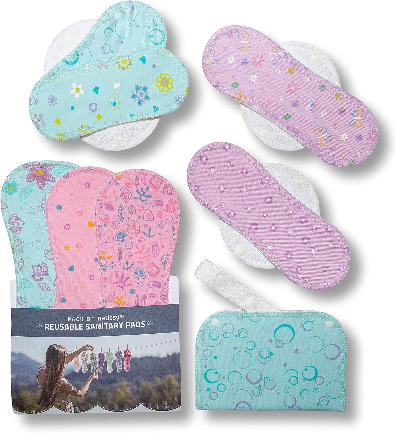 Made in EU, Reusable Sanitary Pads for Light to Heavy Flow, 7 Pack (S, M, L & XL)