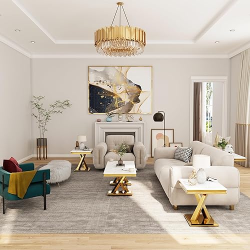 Miniatura 6 de ACEDÉCOR Mesa de centro dorada, mesa central de lujo para sala de estar con mesa blanca y base en X pulida dorada, mesa de té rectangular para sala
