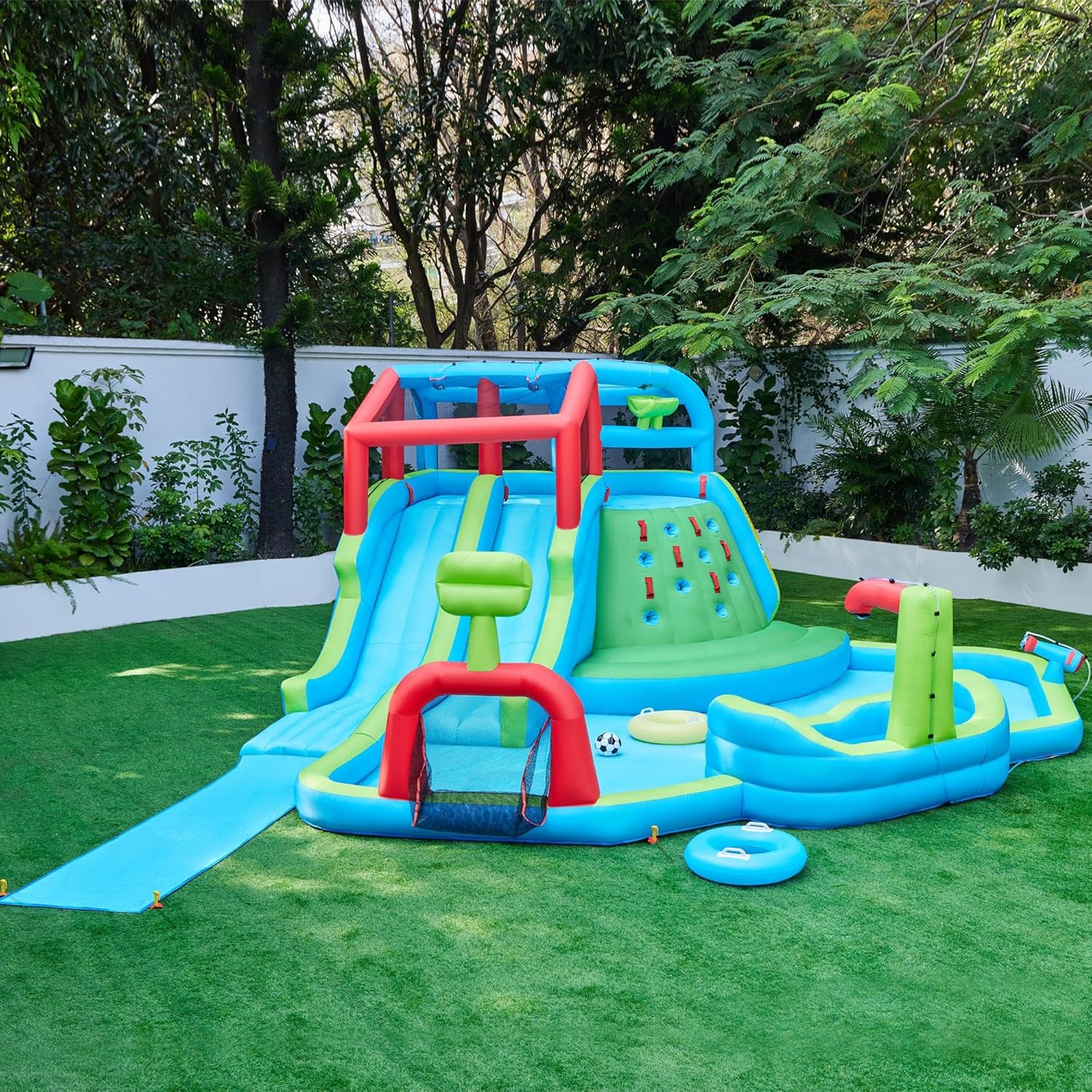 Yaheetech Inflatable Water Slide, 9-in-1 Extra Long Water Slide Combo w/Large Climbing Wall & 2 Slides & 2 Pools & Water Cannon & Soccer Goal,Blow up Water Park for Kids w/Storage Bag & 650W Blower