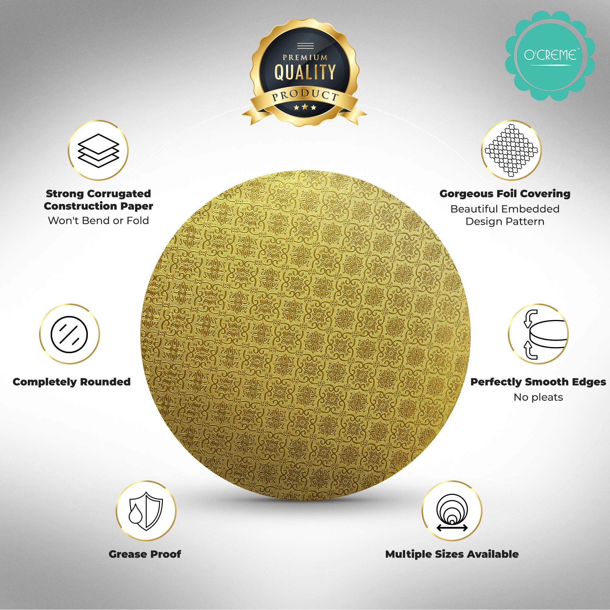O’Creme Cake Board, Gold Foil Round Cake Circles with Gorgeous Design, Sturdy & Durable 1/2” Thick Cake Drums, Round Cake Boards with 8” Diameter, Pack of 5 Disposable Cake Drums