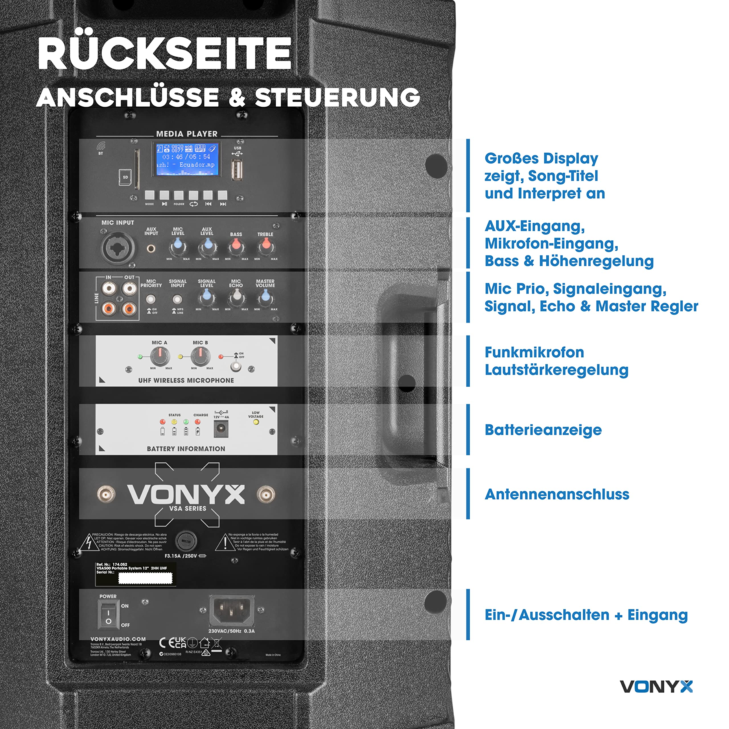 Vonyx VSA700 Partybox Bluetooth Lautsprecher Groß 1000W, 8 Std Akku, Mobile PA Anlage Komplettset mit 2 UHF Hand Mikrofonen und Fernbedienung - Mobile Musikbox Groß, USB, SD, MP3, Schwarz
