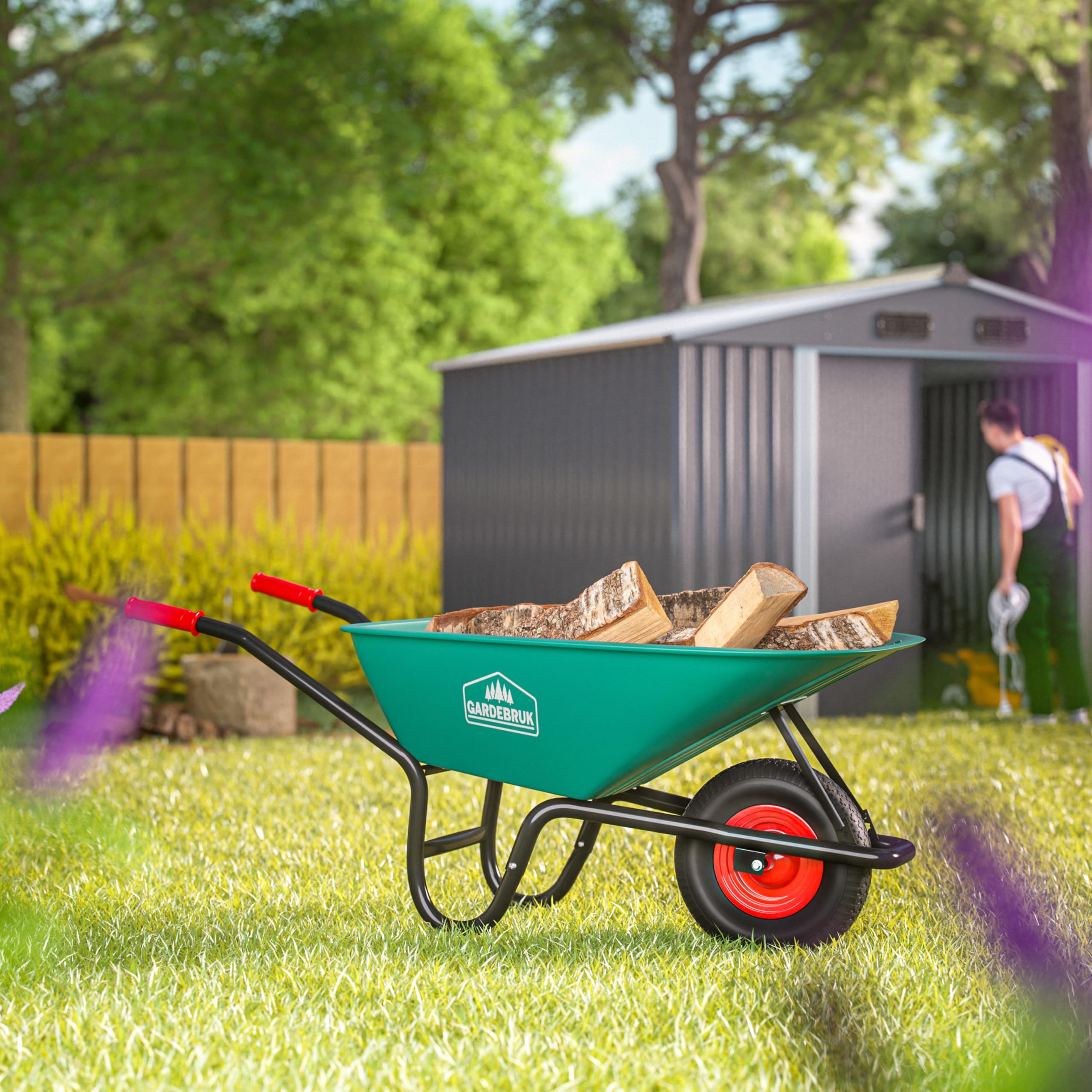 GARDEBRUK® Brouettes Wheelbarrow Brouette Roue Pleine 100 L Charge 250 Kg Cuve en Polypropylène Résistante en Acier Thermolaqué Roue 39 Cm Tout Terrain Jardin Terrasse Chantier