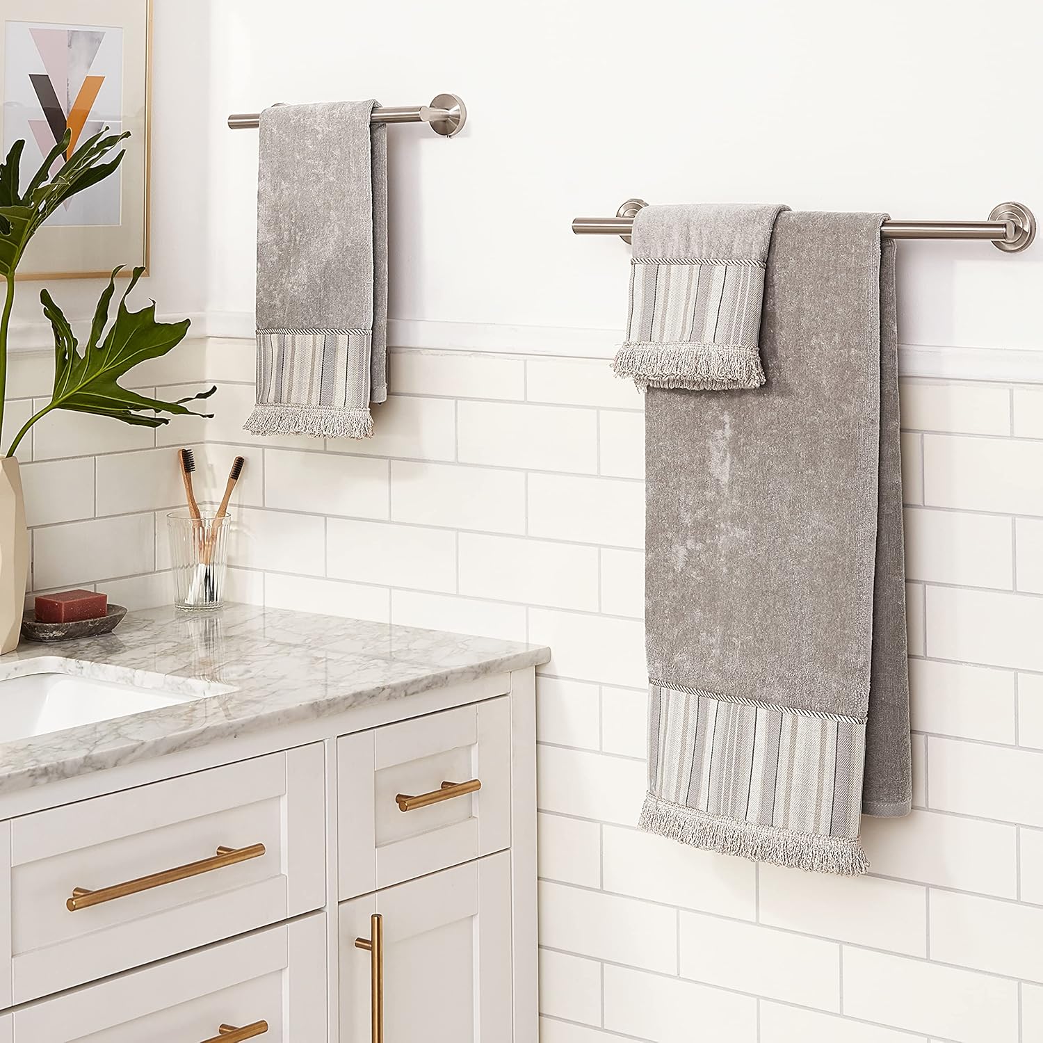 Sherry Kline Aberdeen Stripe Grey 3-Piece Decorative Embellished Towel Set