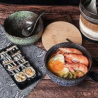 Vista 4 de Tazones grandes de cerámica para ramen de 38 onzas, 2 juegos (8 piezas), tazones de ramen japonés, tazón de sopa, tazones de fideos con cucharas