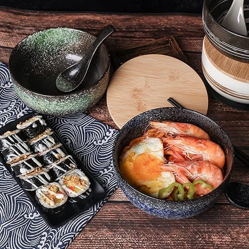 Miniatura 4 de Tazones grandes de cerámica para ramen de 38 onzas, 2 juegos (8 piezas), cuencos de ramen japonés, tazón de sopa, cuencos de fideos con cucharas y