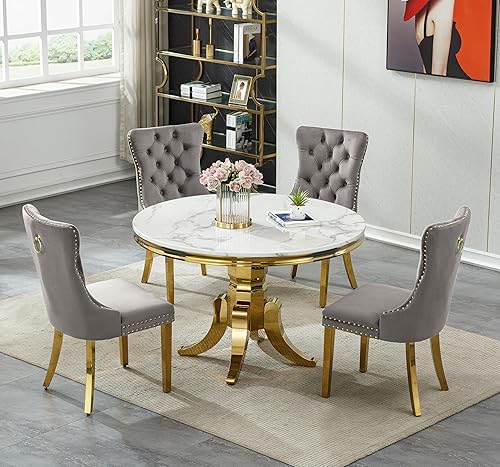 Miniatura 11 de Juego de mesa de comedor redonda de mármol blanco para 6, mesa de comedor redonda de lujo de mármol de 45 pulgadas con 6 sillas de terciopelo azul,