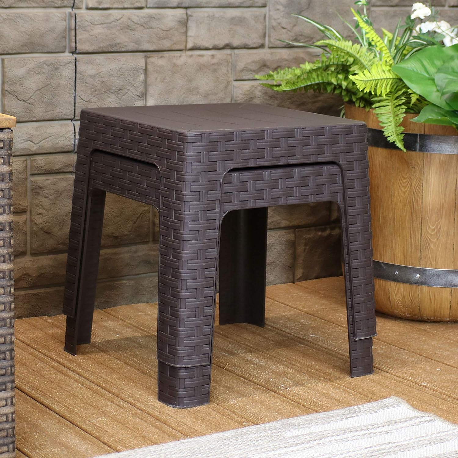 Sunnydaze Patio Side Table - Set of 2 Tables - Indoor/Outdoor Plastic Accent Furniture for Deck, Balcony, Garden, Yard, Porch, Backyard and Sunroom - 18-Inch Square - Brown : Sunnydaze Decor: Patio, Lawn & Garden