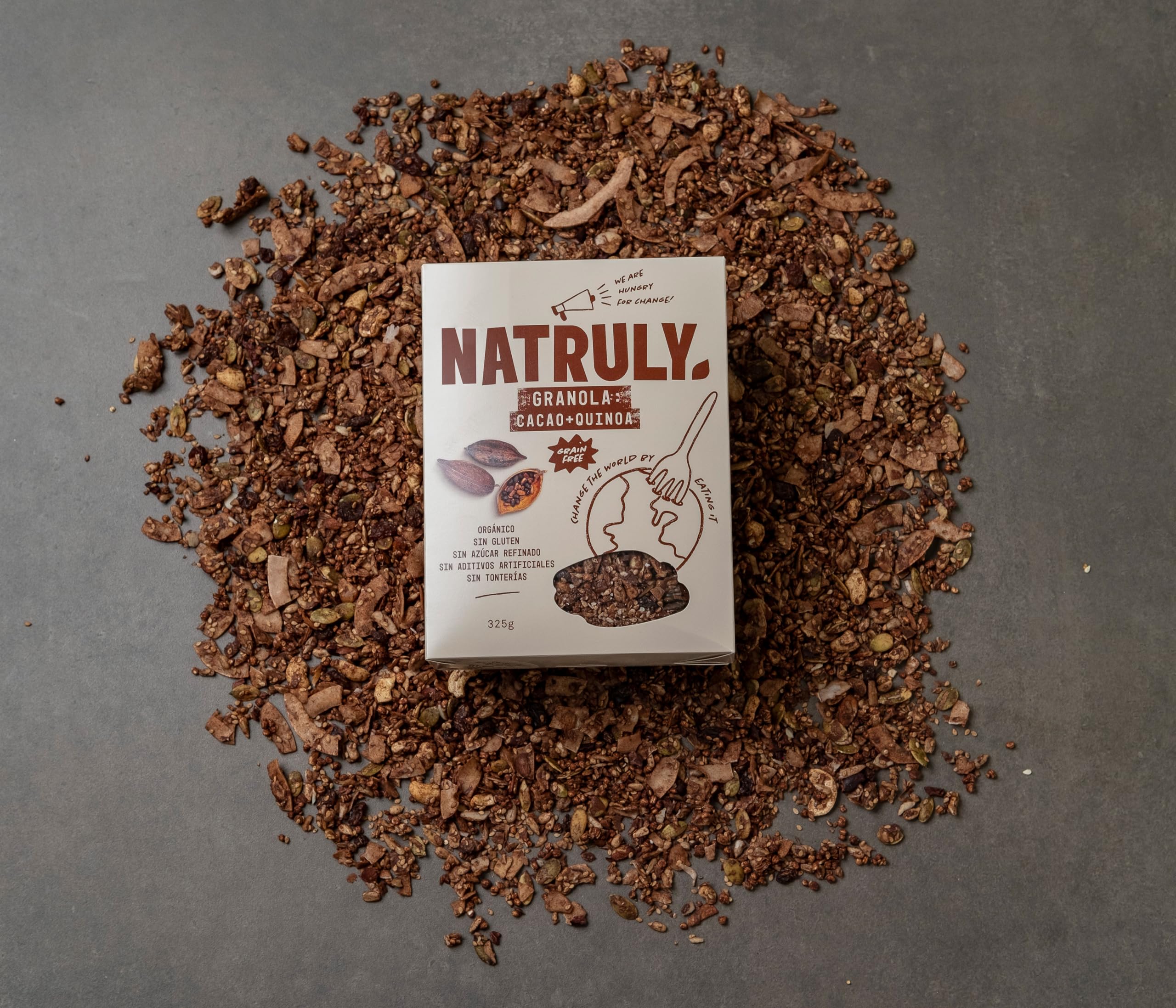 NATRULY Granola BIO Sin Azúcar Refinado, Sin Gluten, Solo Frutos Secos y Semillas, Sin Cereales, Sabor Cacao - Pack 6x325g