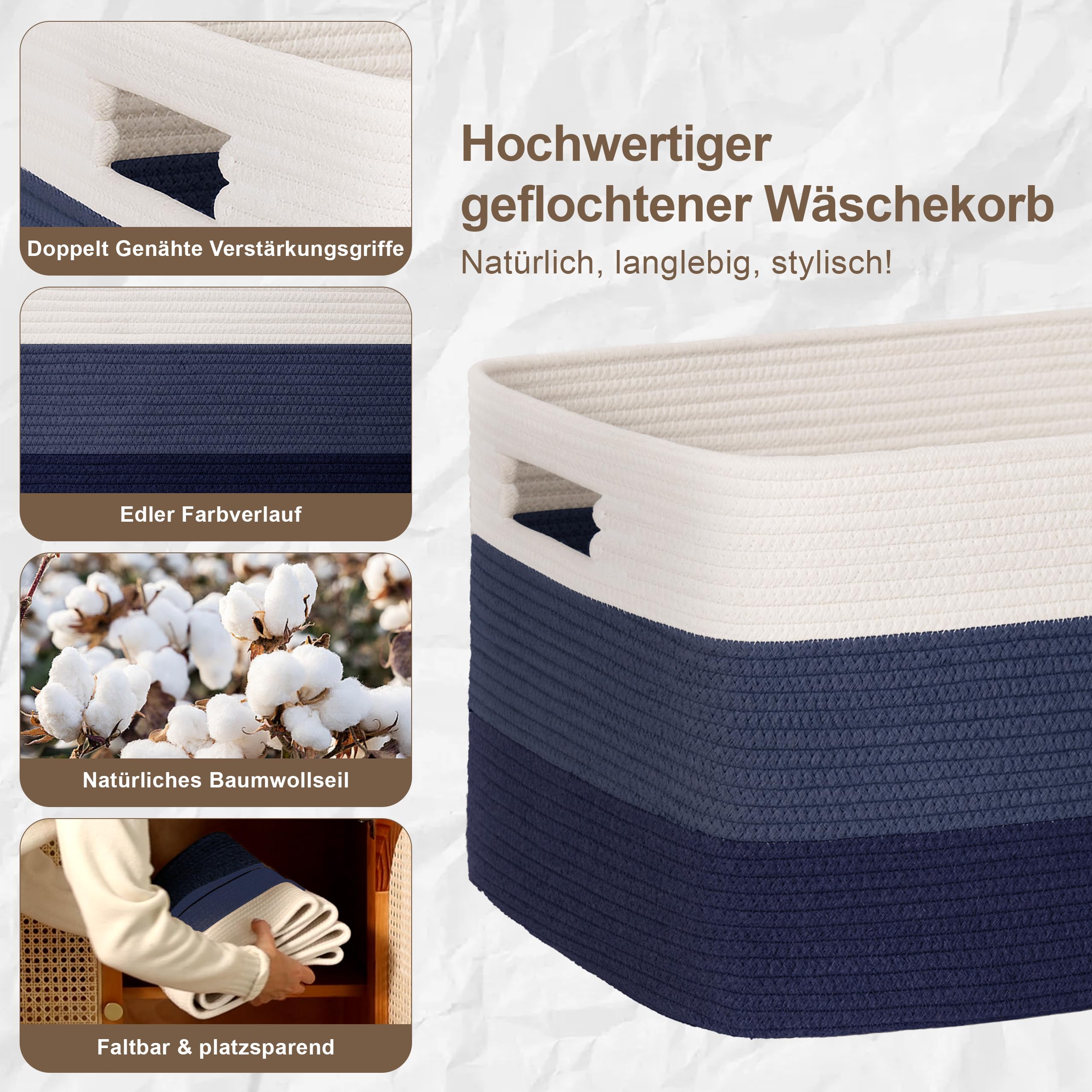 Gran organizador 60L en cuerda de algodón, cesto para juguetes, mantas, ropa, trenzado con asas, recogedor de ropa de tela para decoración de habitación infantil o salón, degradado azul