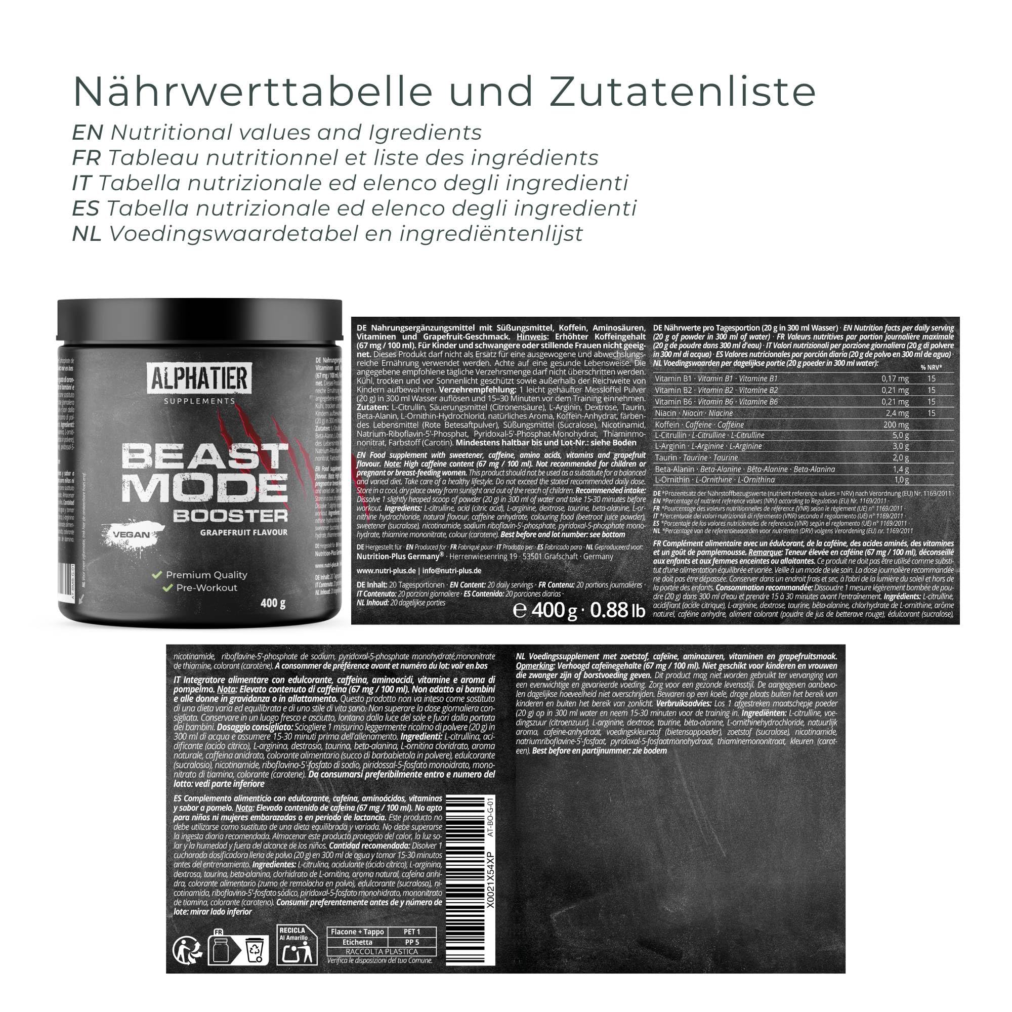 Alphatier Beastmode Pre-Workout Booster Grapefruit - hochdosiert, klumpenfrei + vegan - Koffein Citrullin L-Arginin ß-Alanin Betain HCL Ornithin 400 g