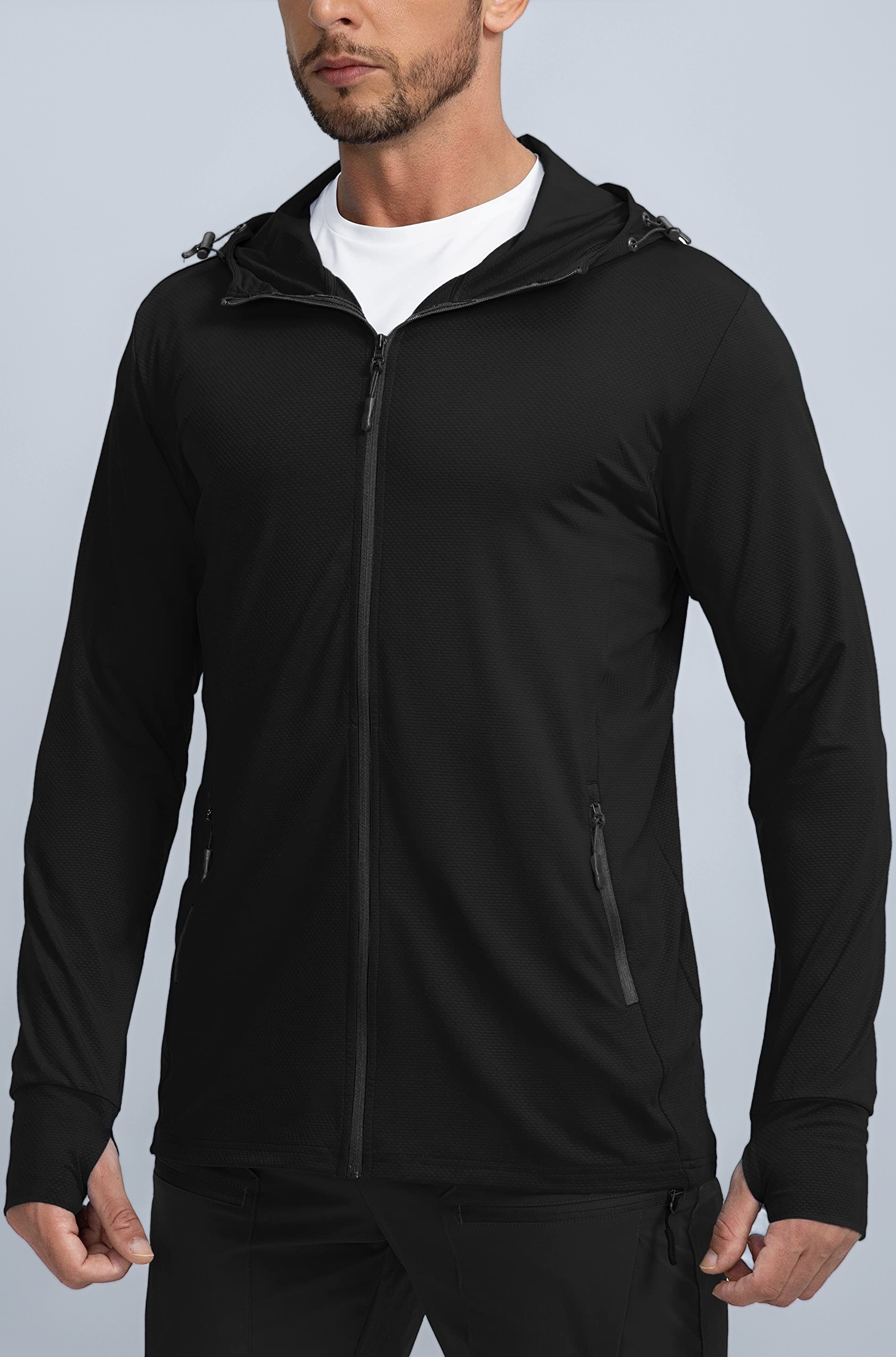 Men's UPF 50+ Light Jacket Full Zip Sun Protection Hoodie Long Sleeve Sun Shirts for Men Hiking Fishing Zip Pockets