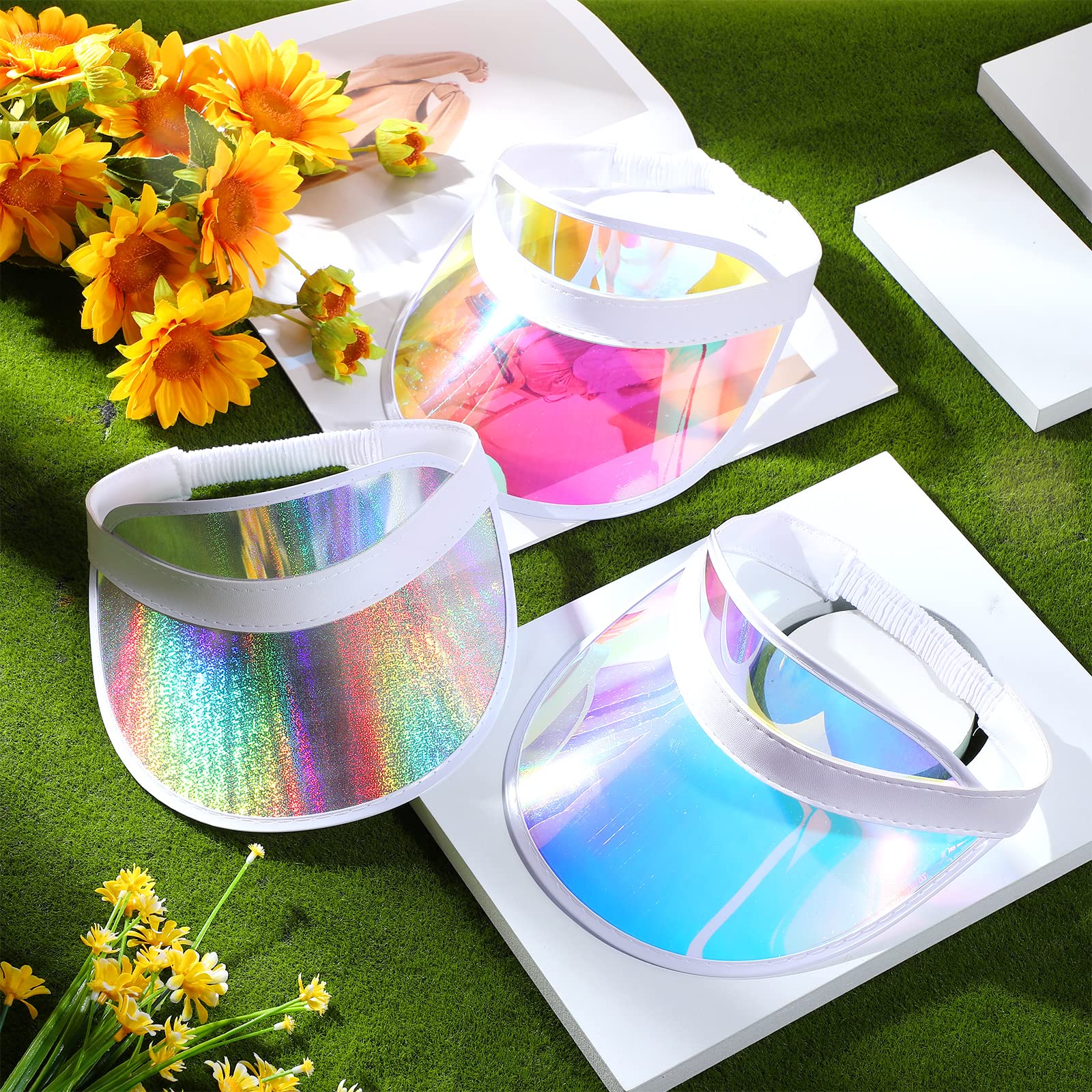Jadive 12 Sombreros de Visera Ajustables Transparentes Coloridos (Azul, Plata, Morado)