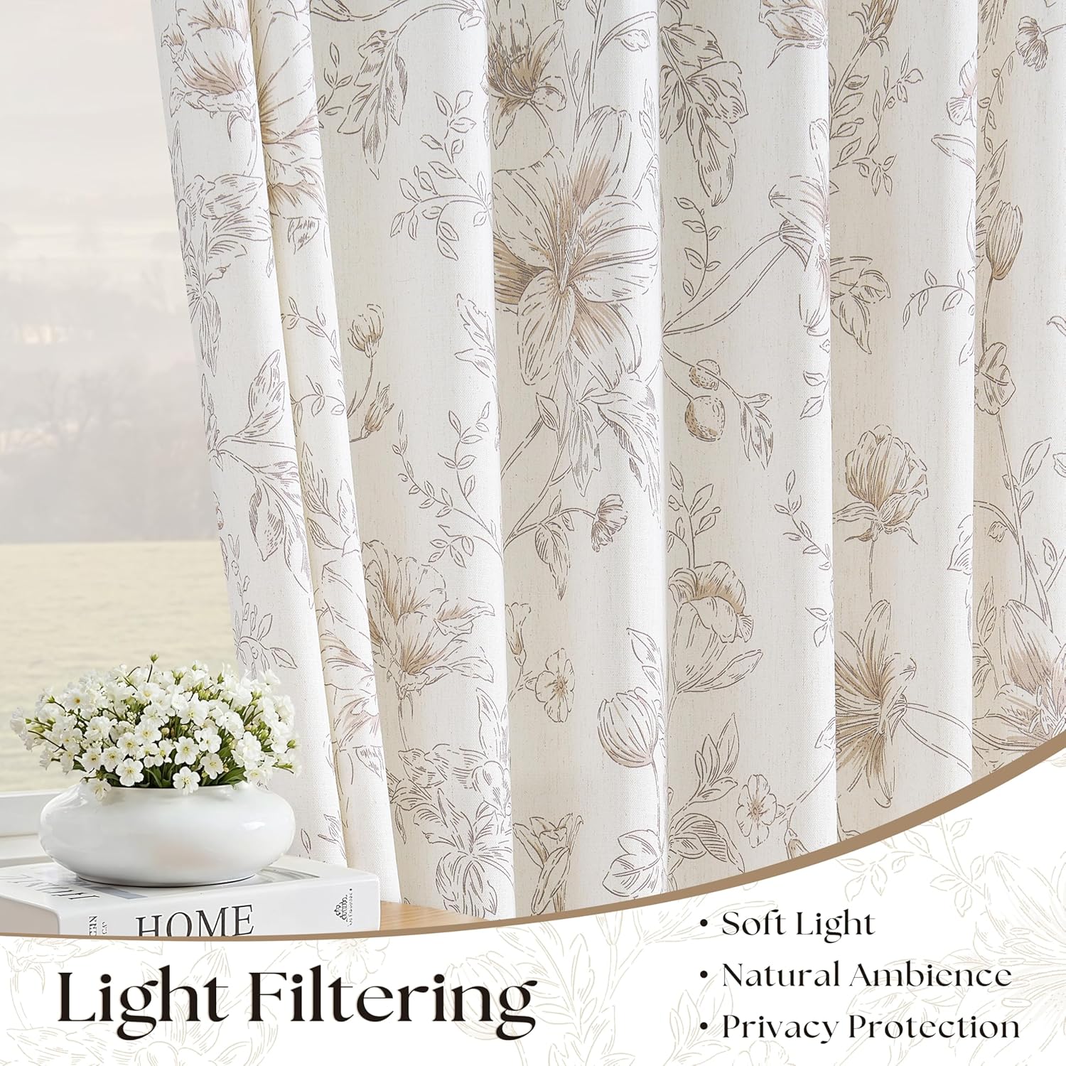 Pinch Pleated Brown Linen Floral Curtains for Living Dining Room 102 Inch Semi Sheer French Country Neutral Tan Brown Flower Print Patterned Curtain Memory Trained Vintage Back Tab Pleat Drape