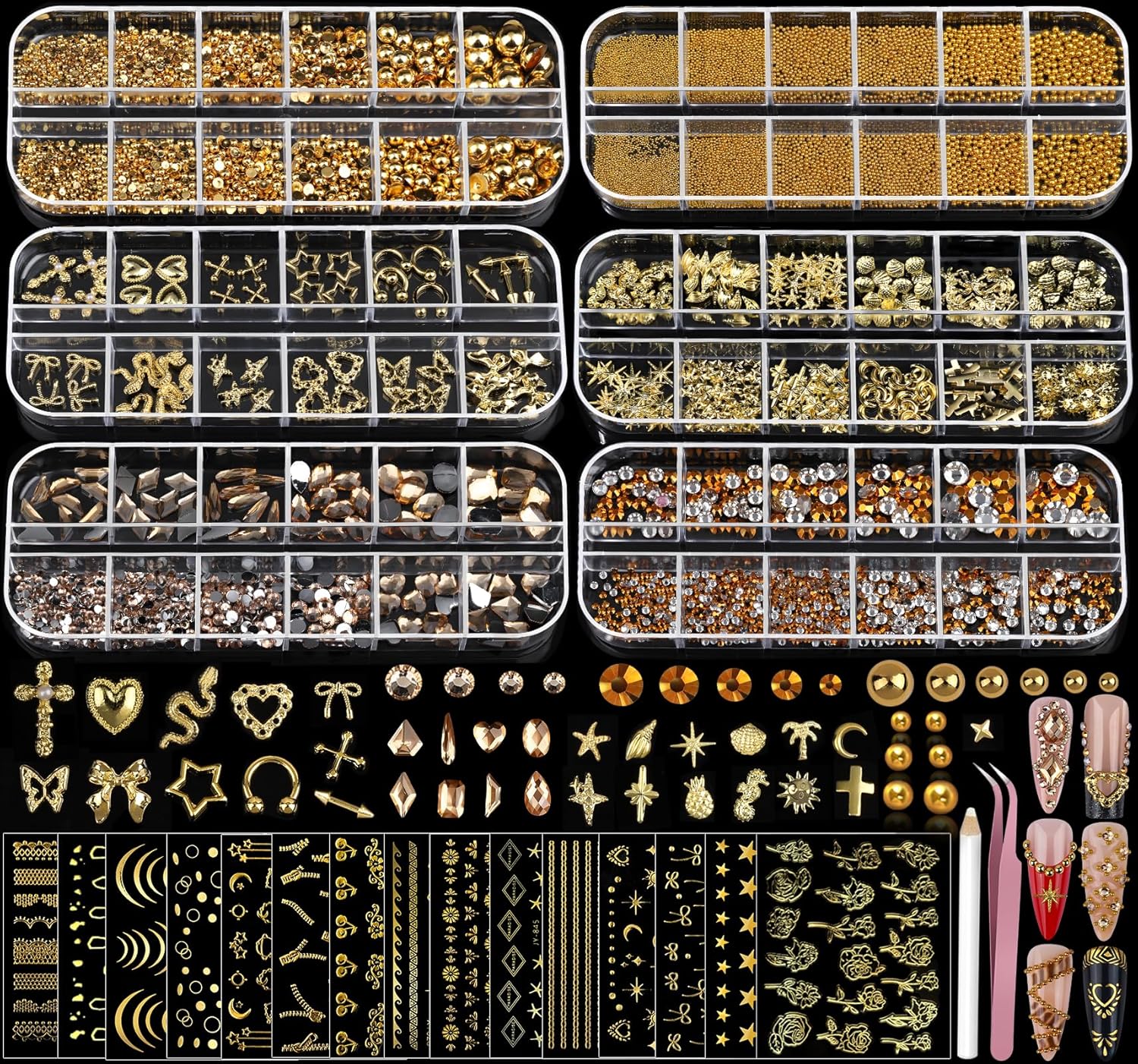 Teentior Nail Charms Gold Rhinestones for Nails with 15 Sheets Gold Nail Stickers, 6 Boxes Nail Gems Pearls for Nails, Cross Nail Charms for Nails Design Nail Art Rhinestones, Caviar Beads for Nails