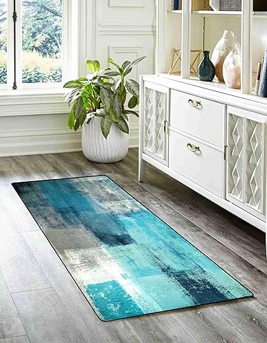 Miniatura 7 de TOMWISH Juego de 3 tapetes de cocina color turquesa, arte abstracto gris, 20 x 32 + 20 x 48 + 20 x 59 pulgadas, tapetes de cocina lavables