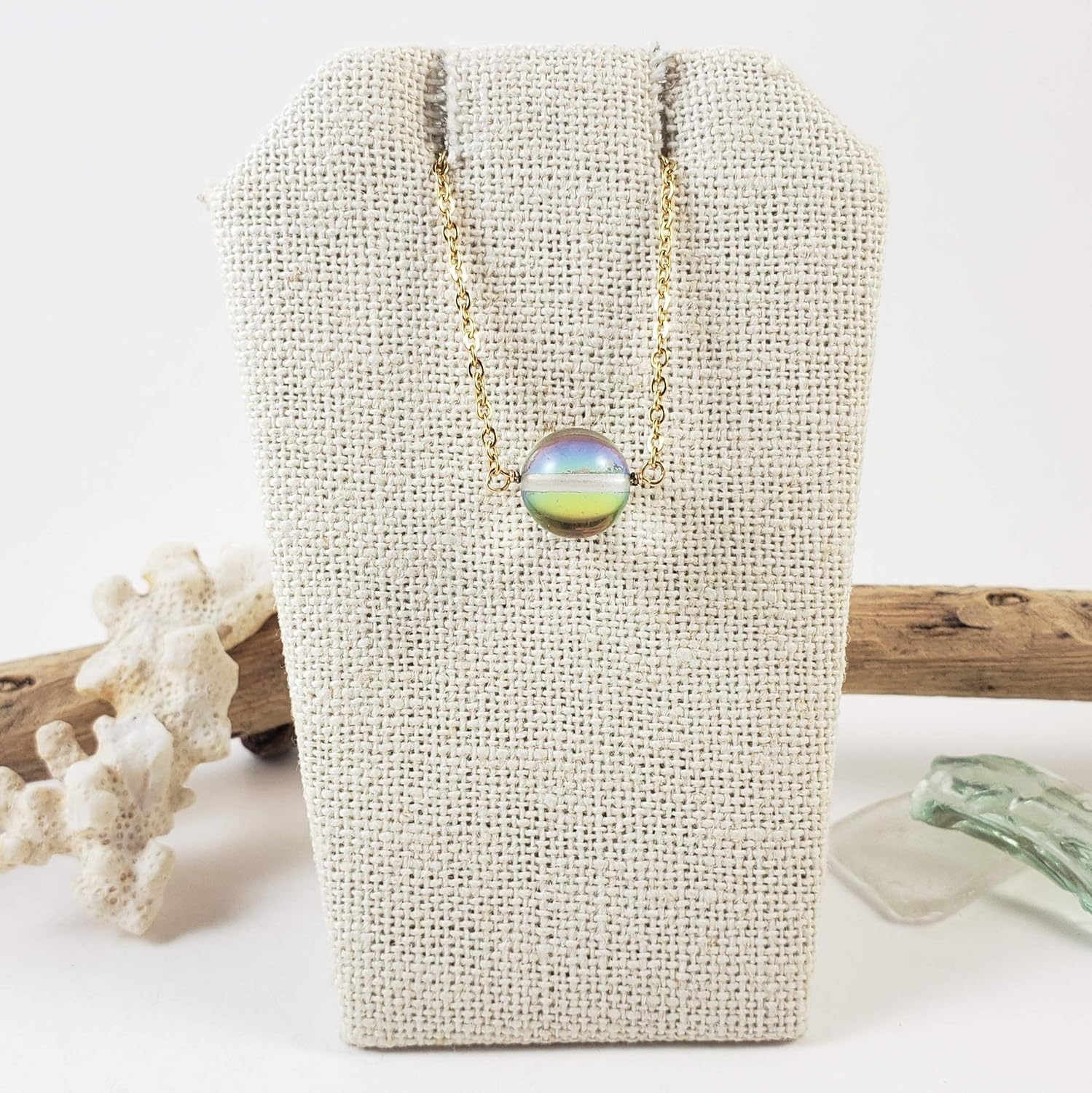Rainbow spectrolite crystal necklace in gold-hypoallergenic for sensitive skin, Handmade in Hawaii Beach Jewelry