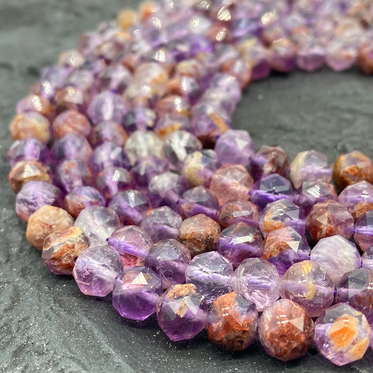 ABCGEMS Brazilian Super 7 Beads (Cacoxenite, Amethyst, Lepidocrocite, Goethite, Rutile, Smoky Quartz & Crystal Quartz) Diamond-Cut Double-Hearted Satellite 8mm