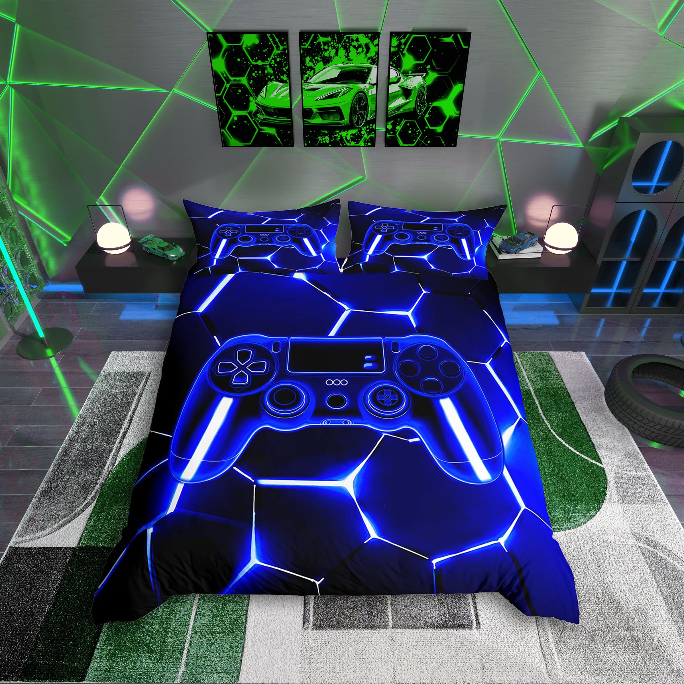 Homemissing Gaming Bettwäsche Set 135x200cm für Mädchen Jungen Kinder blau und schwarz Gamer Bettbezug Zimmer Dekor Spielekonsole Controller Bettwäsche-Set Honeycomb