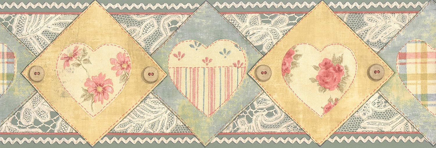 Dundee Deco BD6134 Prepasted Wallpaper Border - Kids Green, Brown, Pink Hearts, Flowers Wall Border Retro Design, 15 ft x 7 in (4.57m x 17.78cm)