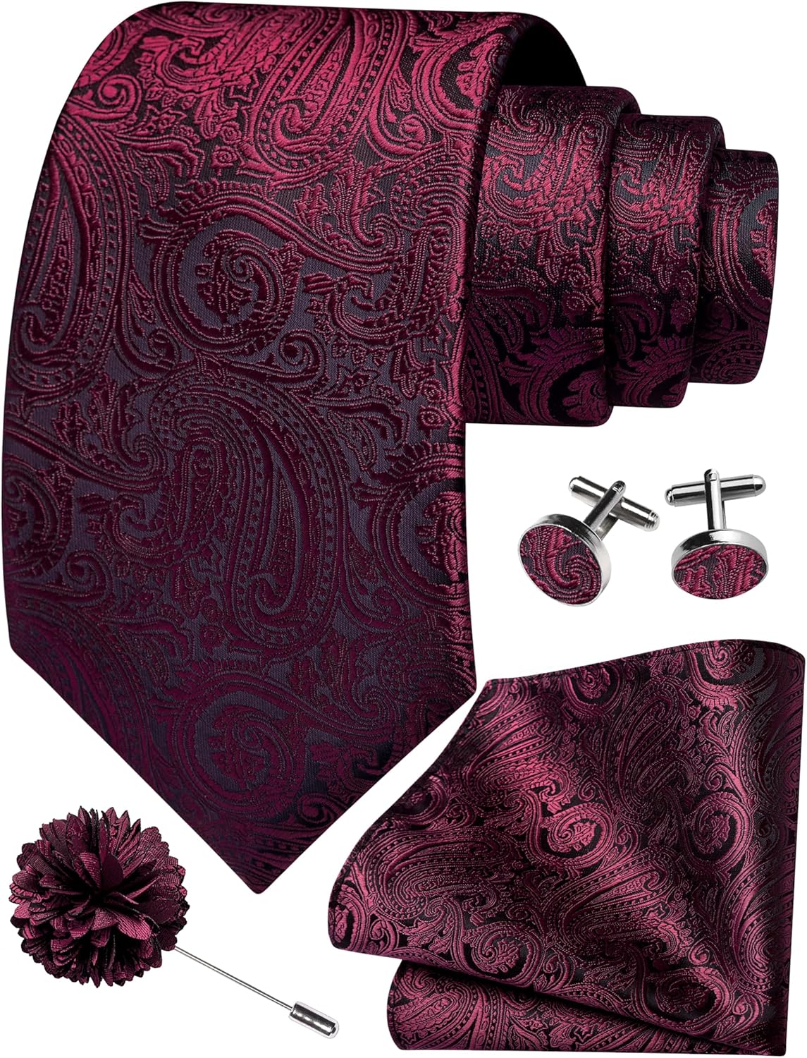 GUSLESON 3.15"(8cm) Mens Tie and Lapel Pin Paisley Necktie Hankerchief Cufflinks Set for Men