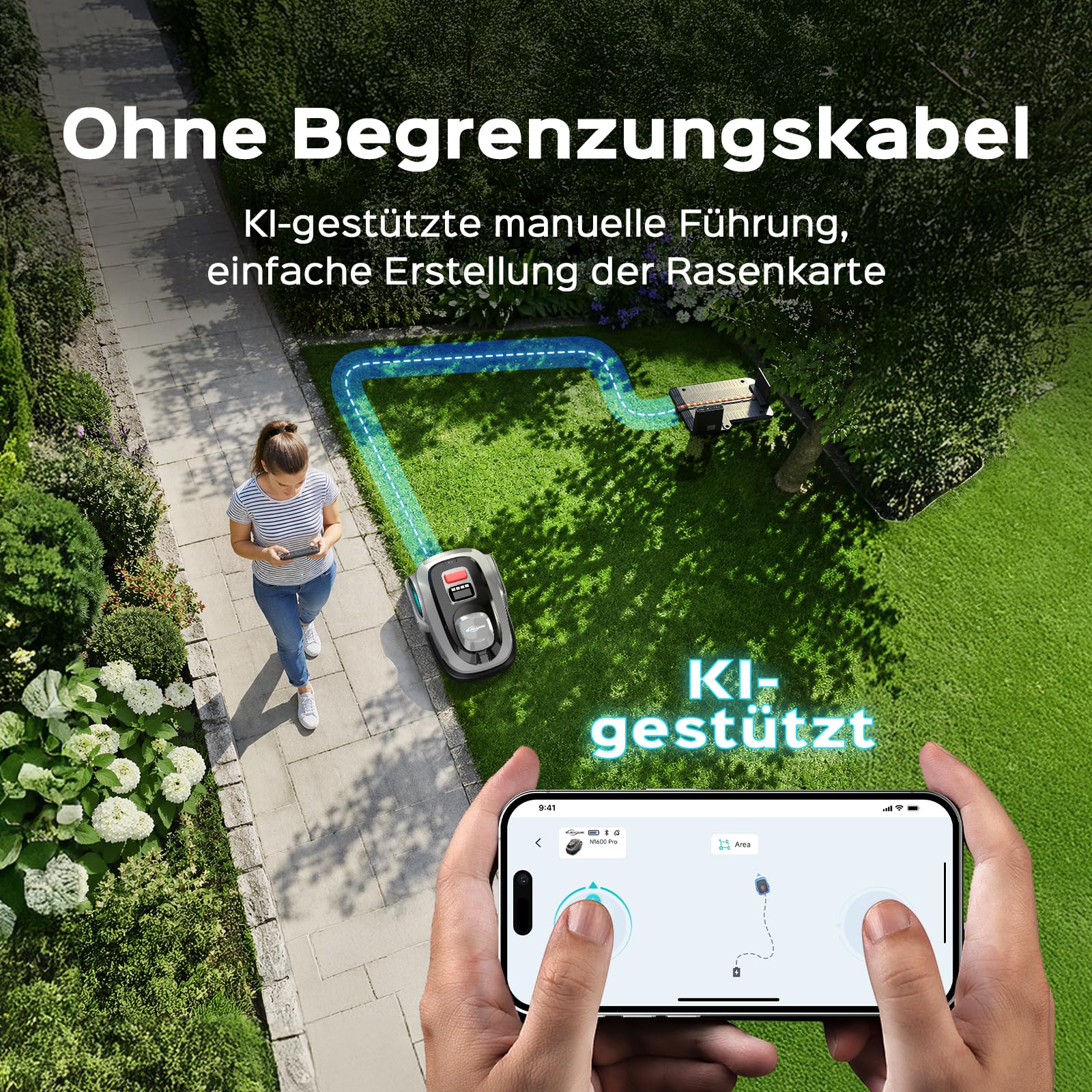 YARDCARE N1600PRO Mähroboter ohne Begrenzungskabel, RTK-Navigation mit 3D-Umgebungserkennung, 300+ Hinderniserkennung, bis 1600 m², App-Steuerung, automatische Ladung
