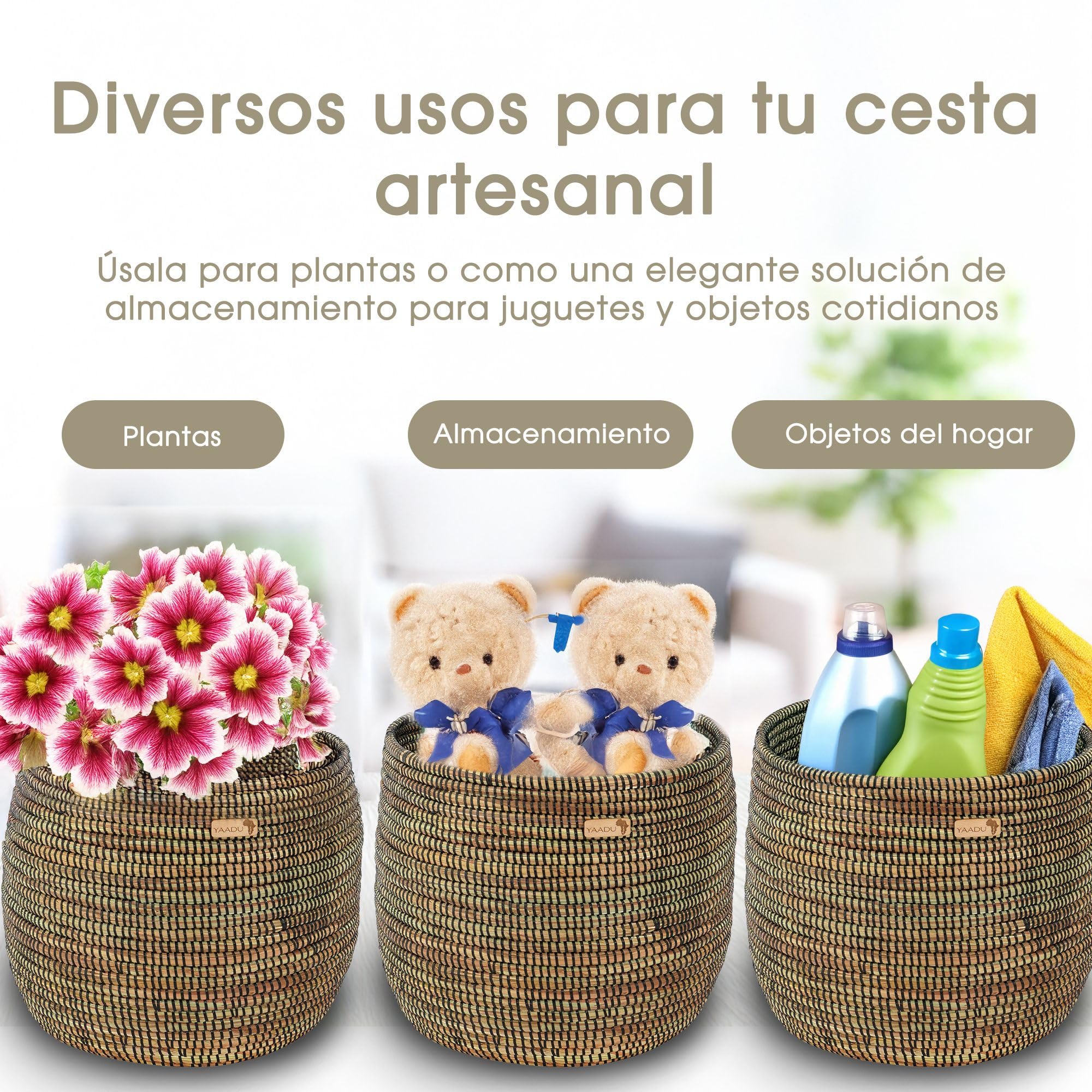 YAADU Cesta de almacenamiento trenzada – Para plantas, estantes, africano, decorativo, juguetes y objetos diferentes – Modelo Kikongo (negro)