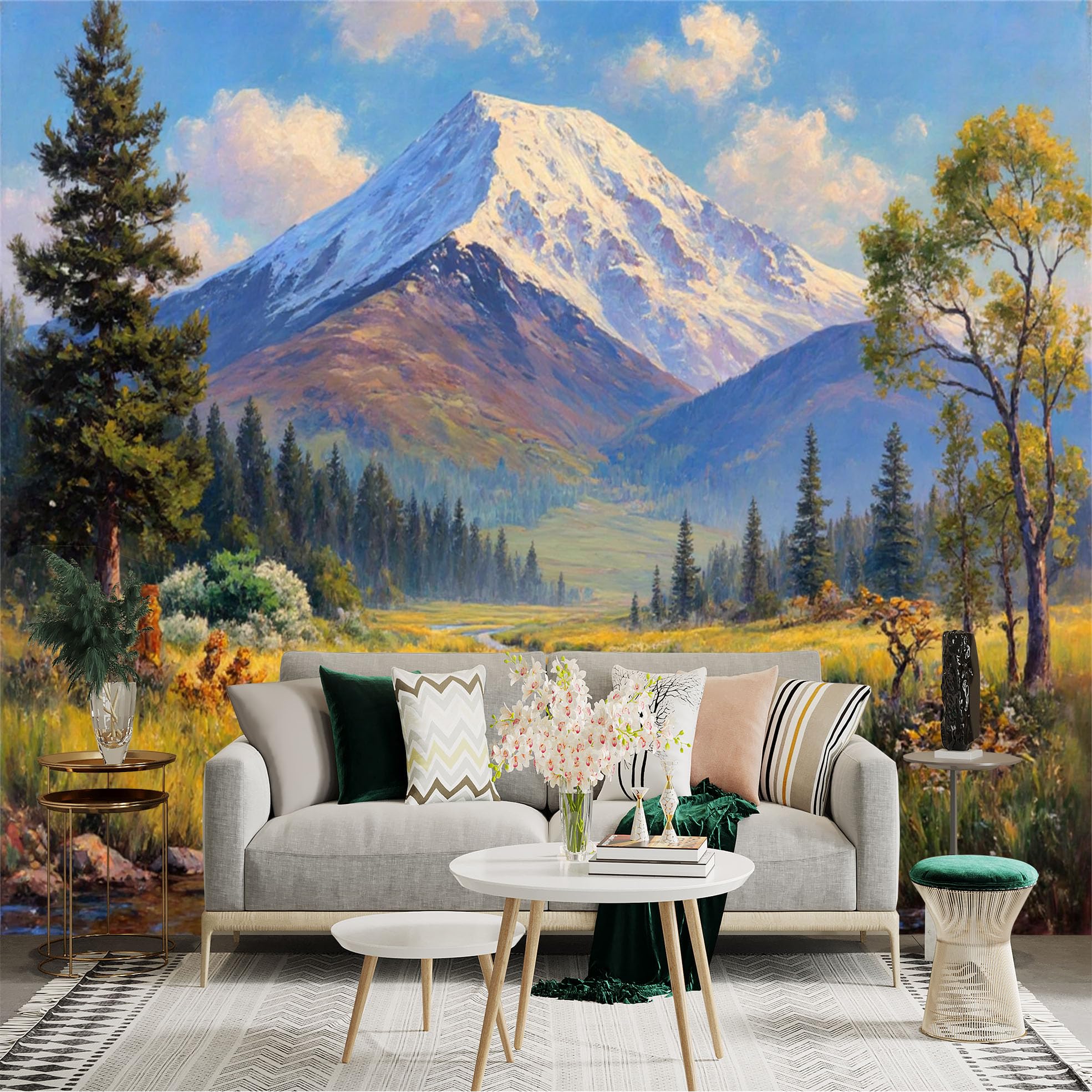 Custom Size Wall Sticker Mural， Snow Capped Mountain Peak， Serene Flowing River， Pine Forest Landscape， Wildflower Meadow， for wall Decoration， peelandstick wall Decals.