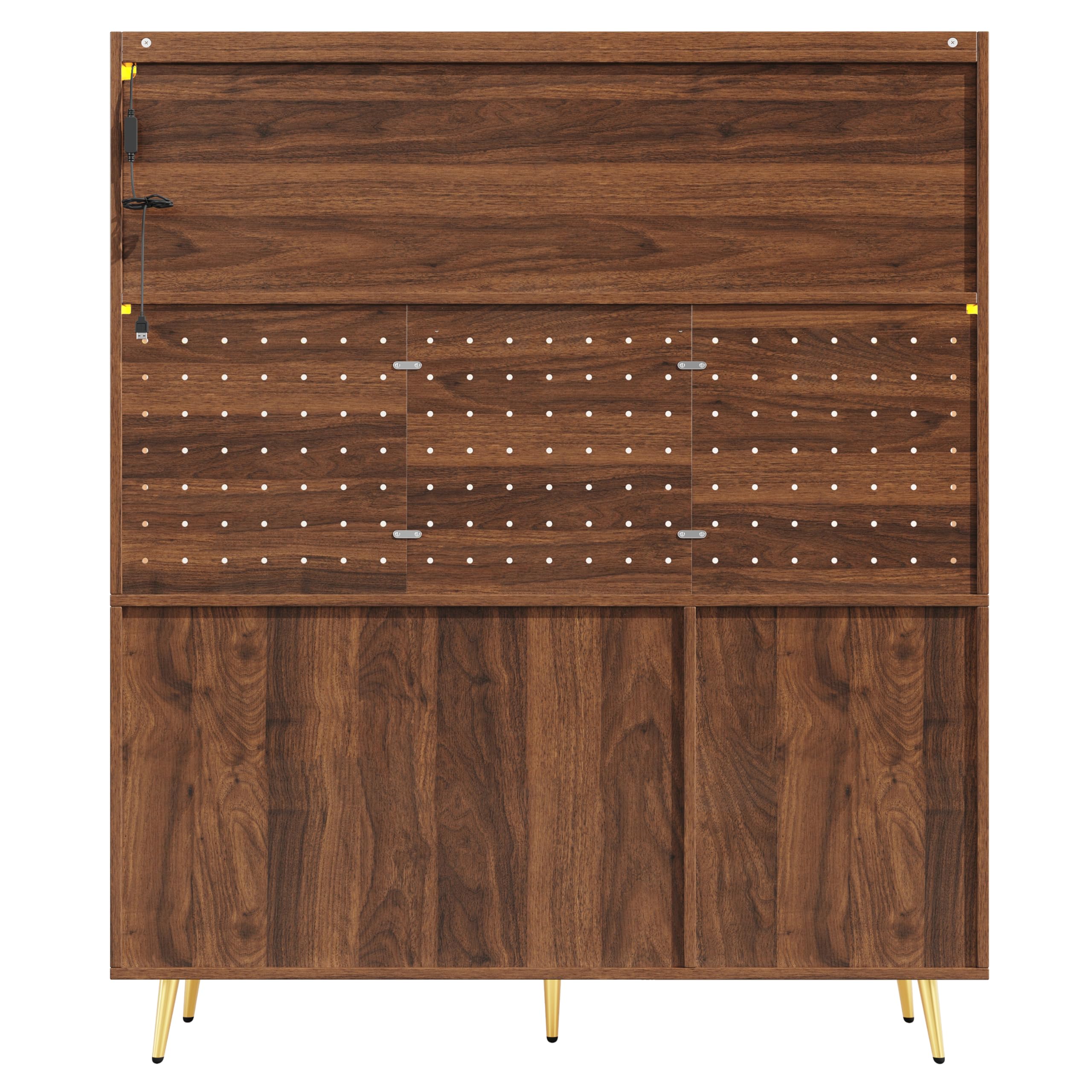 Armadio da cucina con LED e porta in vetro, stile rustico, credenza per cucina con piani di lavoro, porta scorrevole, grandi cassetti, ante in rattan, parete forata, armadio alto, 145 x 39 x 171 cm