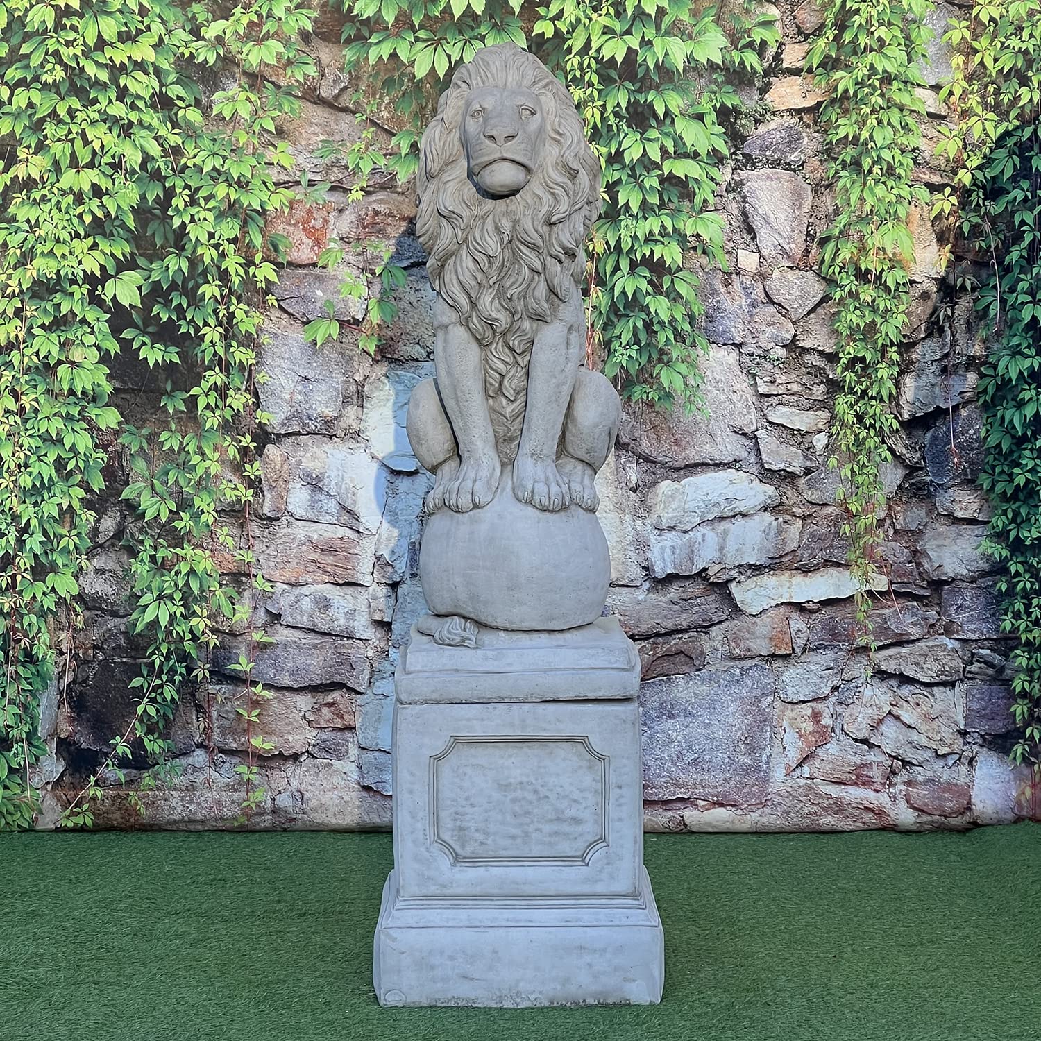 Garden Ornaments By Onefold Grey Huge Proud Large Lion On Plinth 5 Feet High Hand Cast Stone Detailed Outdoor Garden Statue Ornament Entrance Patio Driveway